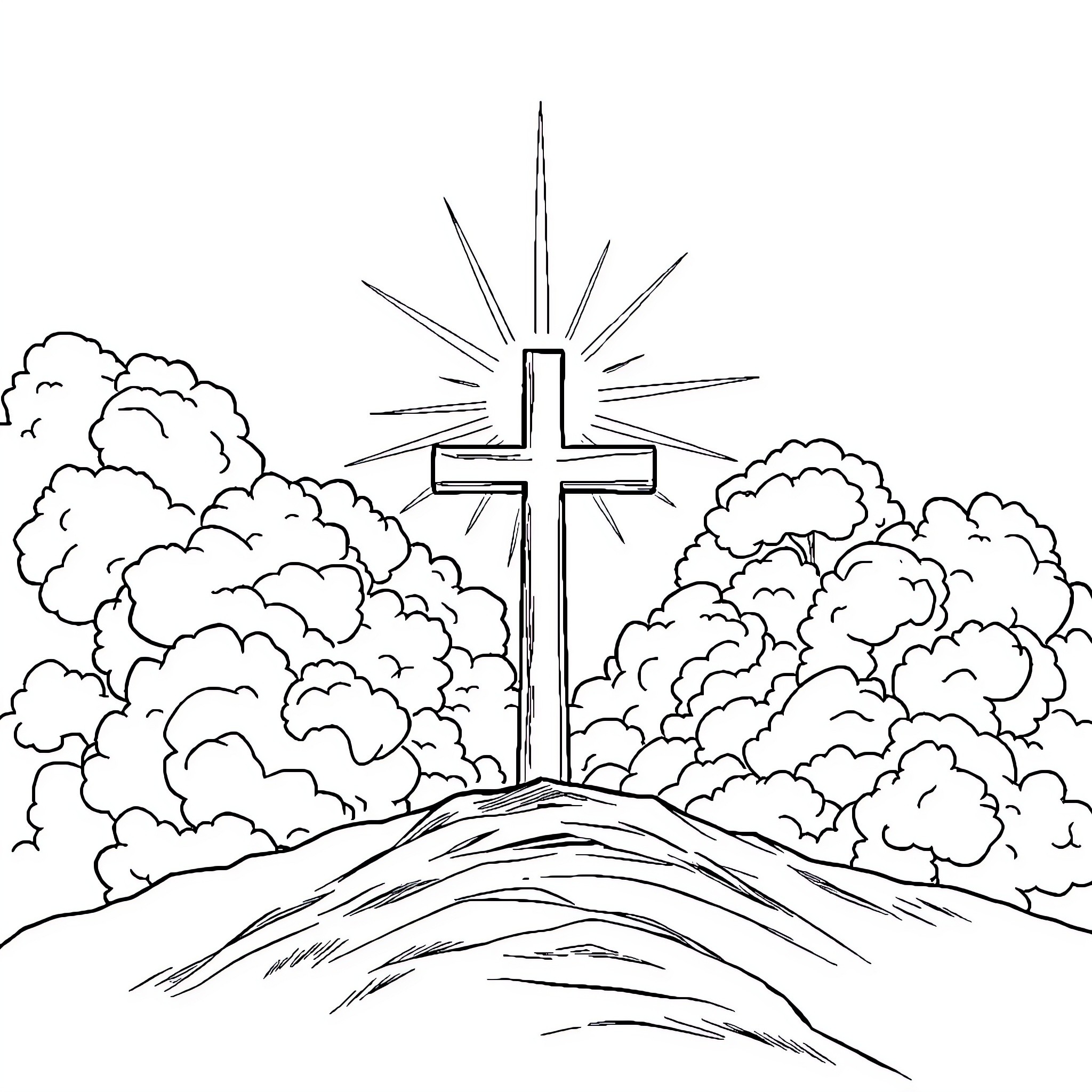 Cross on a Hill with Glowing Sky Coloring Page (free black-and-white line drawing printable PDF for all, from beginners to advanced learners, including children, teens, adults, and seniors)