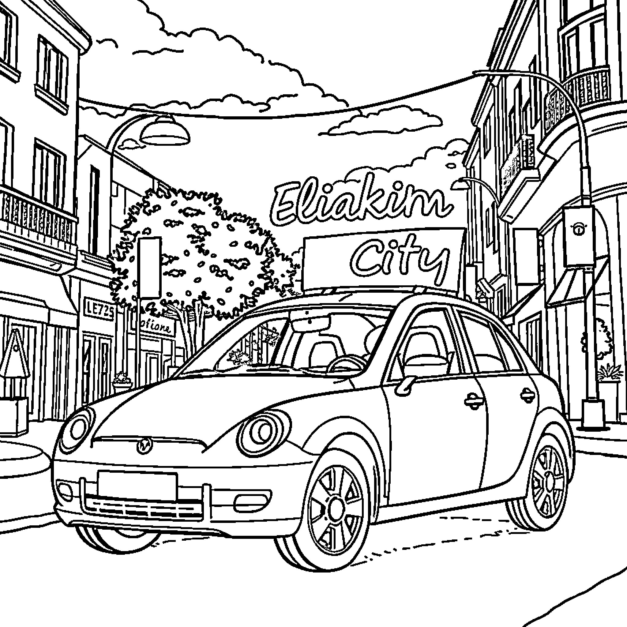 Car driving through city street with buildings Coloring Page (free black-and-white line drawing printable PDF for all, from beginners to advanced learners, including children, teens, adults, and seniors)