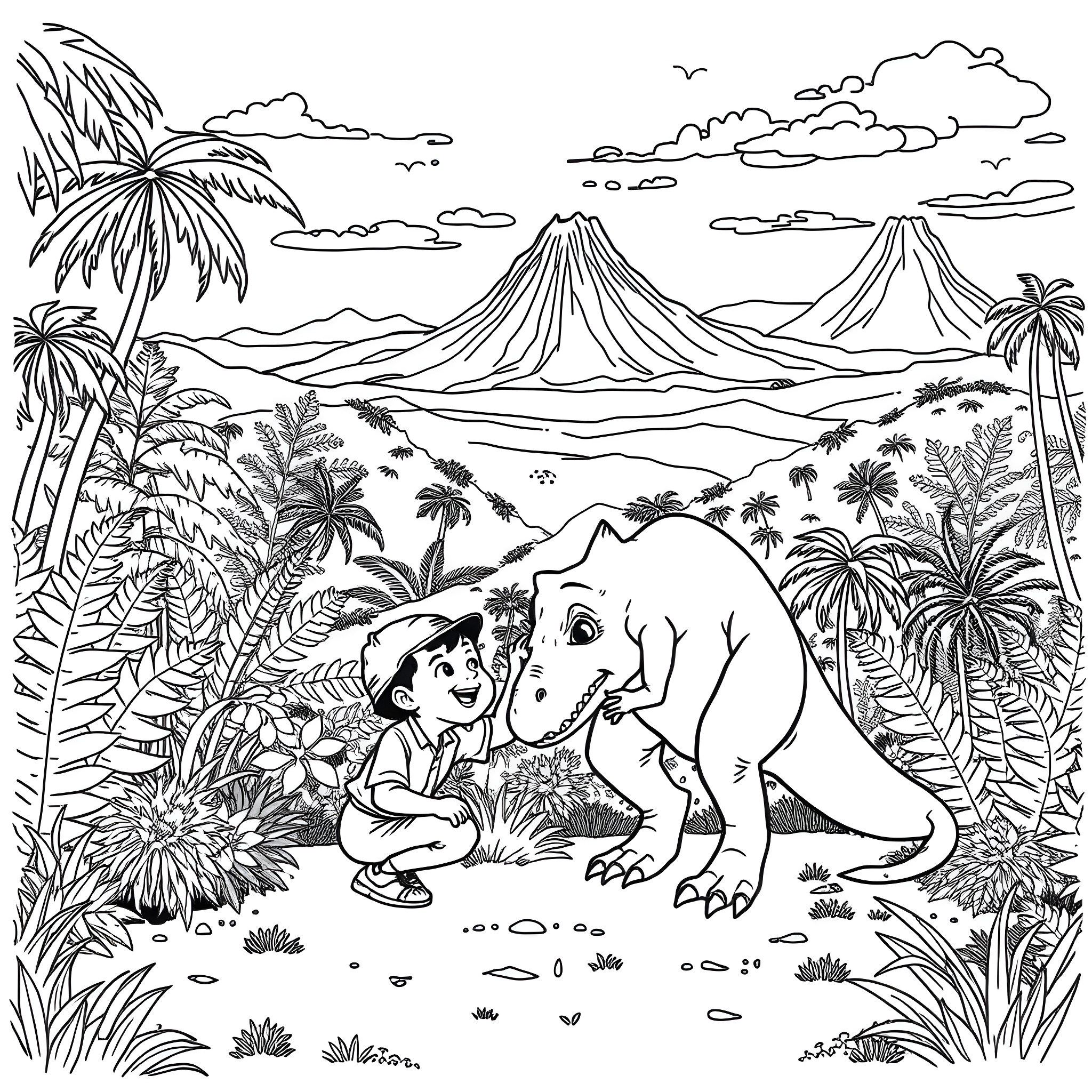 Boy befriends dinosaur in lush tropical landscape Coloring Page (free black-and-white line drawing printable PDF for all, from beginners to advanced learners, including children, teens, adults, and seniors)