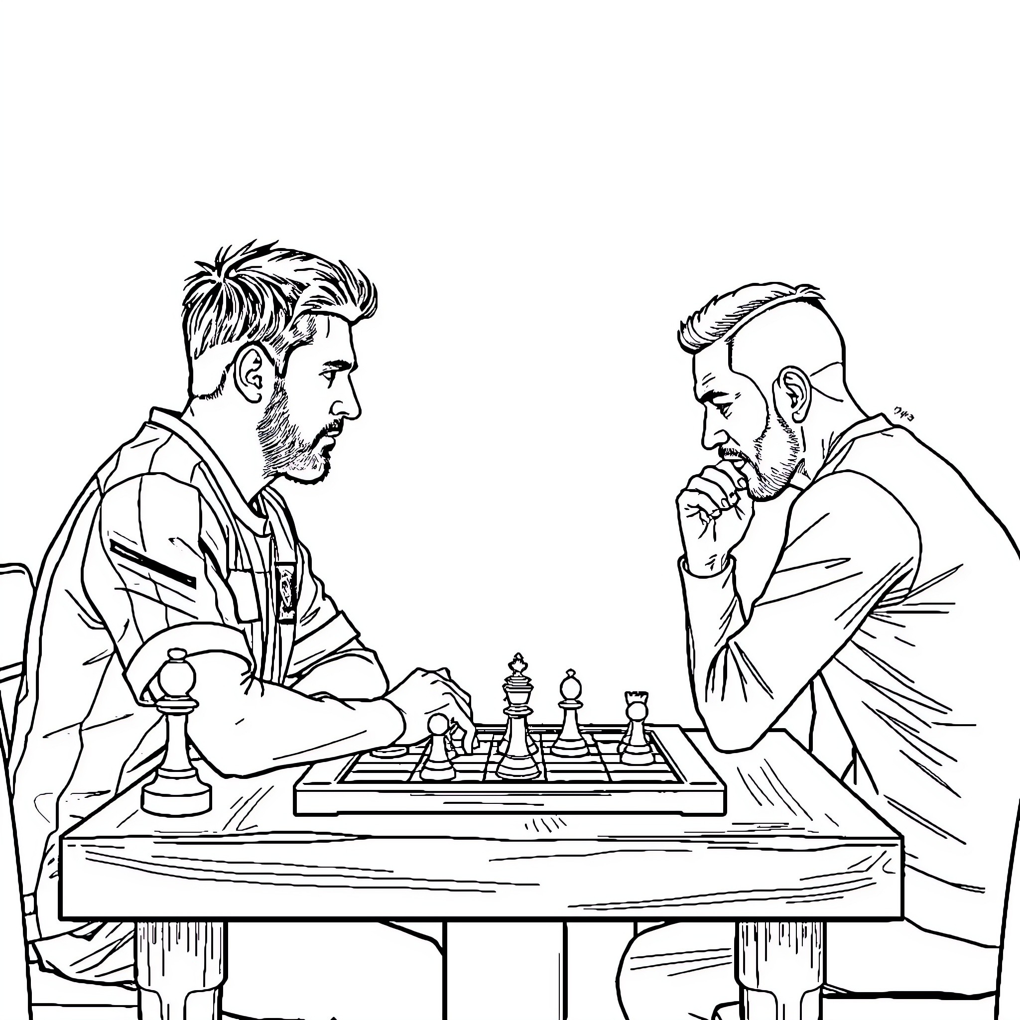 Messi engaged in a serious chess match Coloring Page (free black-and-white line drawing printable PDF for all, from beginners to advanced learners, including children, teens, adults, and seniors)