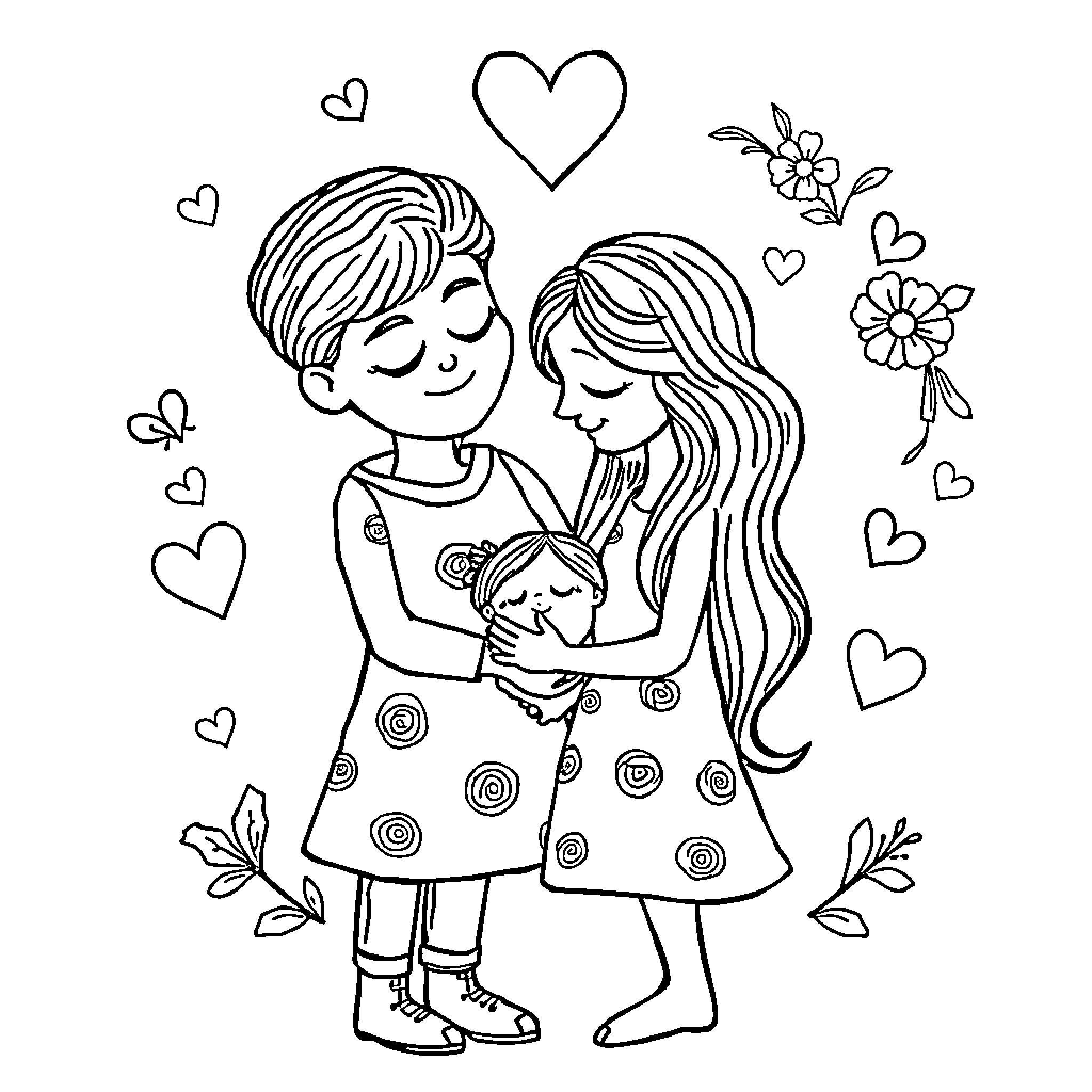 Mom and kids hugging with floral accents Coloring Page (free black-and-white line drawing printable PDF for all, from beginners to advanced learners, including children, teens, adults, and seniors)