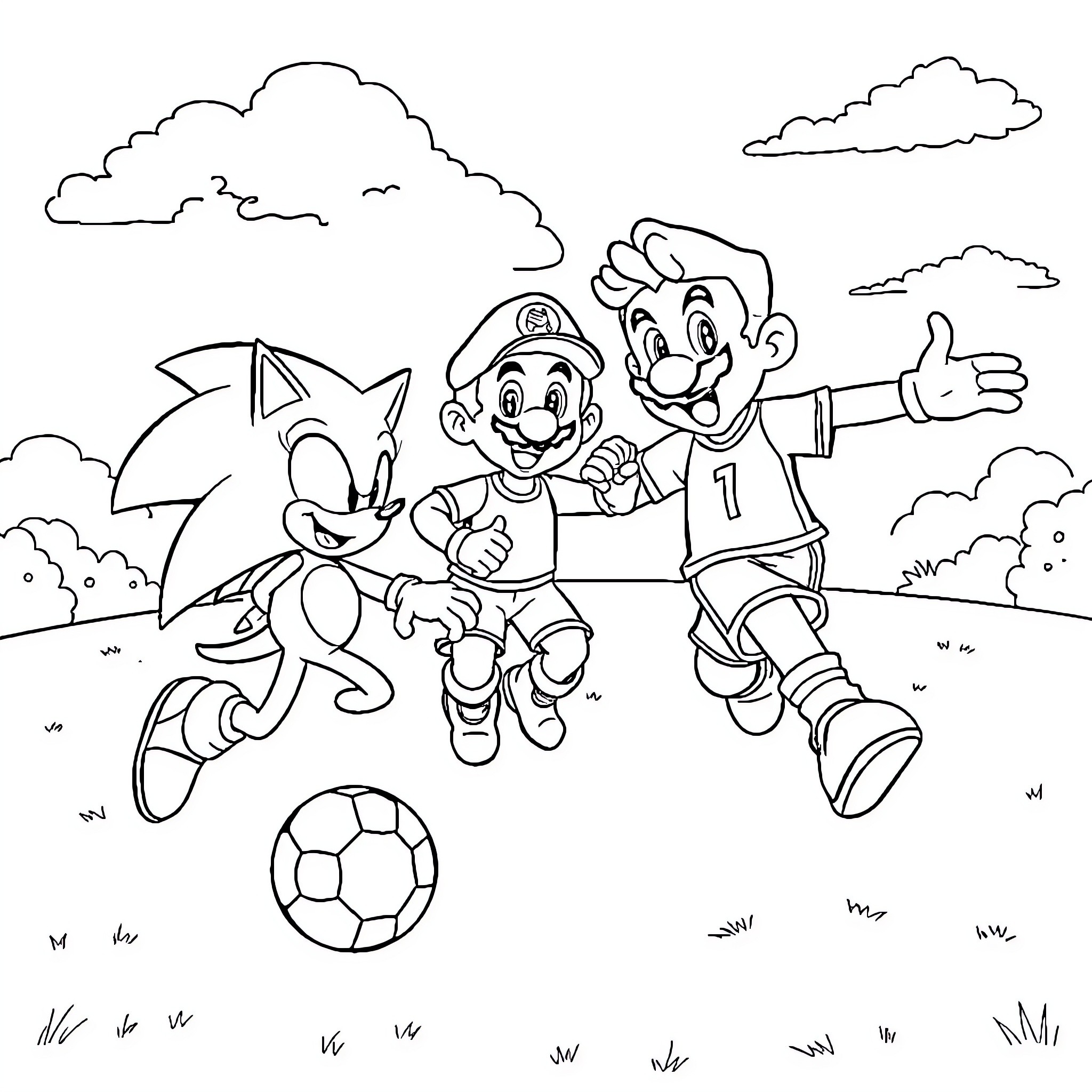Sonic and Mario Playing Soccer Outdoors Coloring Page (free black-and-white line drawing printable PDF for all, from beginners to advanced learners, including children, teens, adults, and seniors)