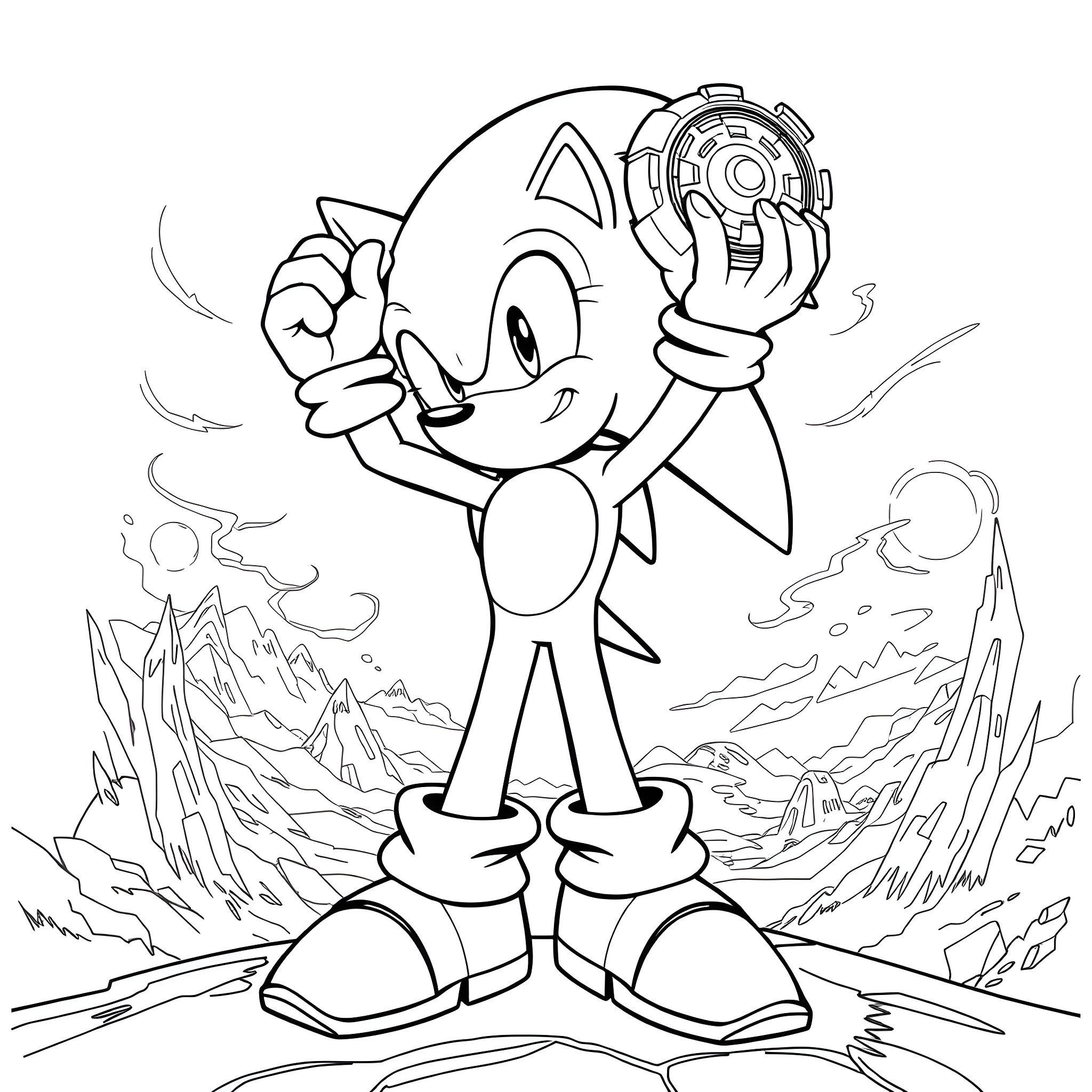 Sonic's Adventure in the Mountainous Landscape Coloring Page (free black-and-white line drawing printable PDF for all, from beginners to advanced learners, including children, teens, adults, and seniors)