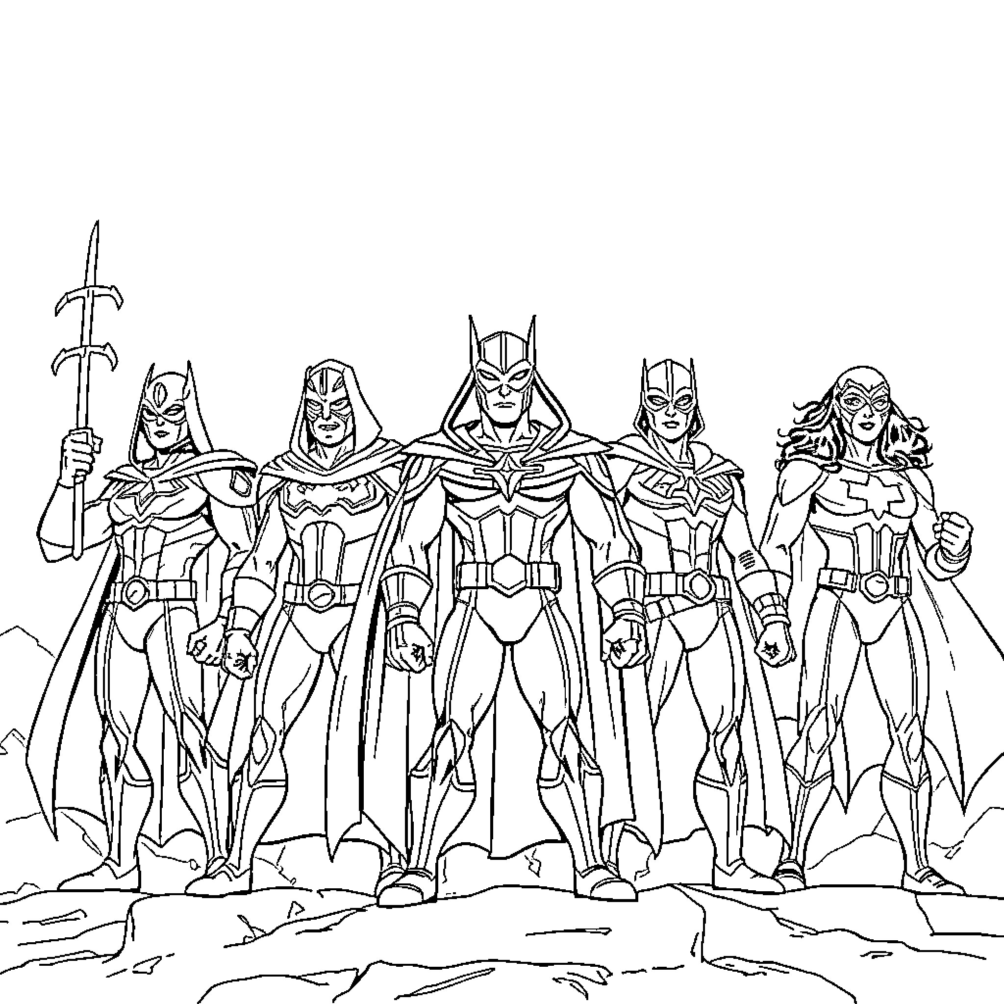 Avengers Assemble for Epic Battle Coloring Page (free black-and-white line drawing printable PDF for all, from beginners to advanced learners, including children, teens, adults, and seniors)