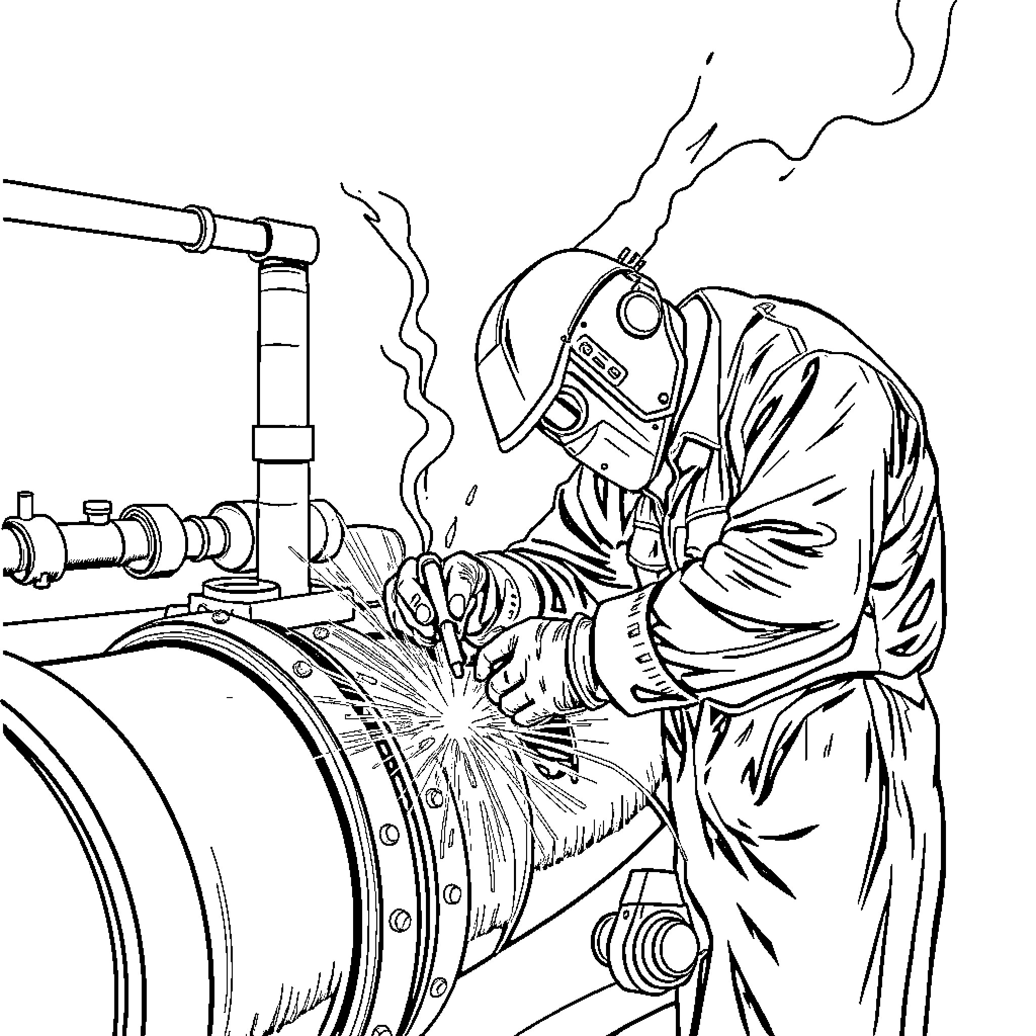Welder at Work Repairing Industrial Equipment Coloring Page (free black-and-white line drawing printable PDF for all, from beginners to advanced learners, including children, teens, adults, and seniors)