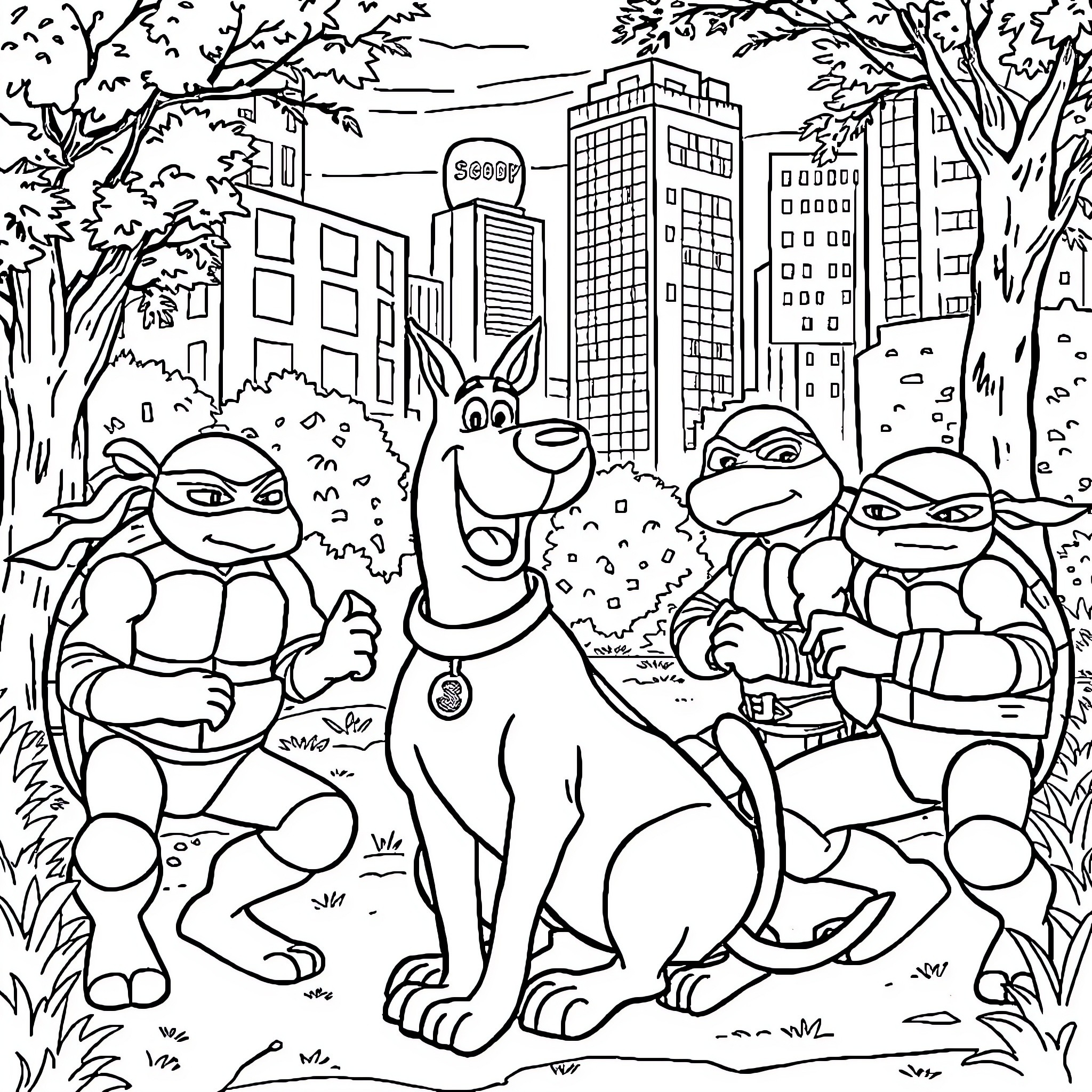 Scooby Doo and the Ninja Turtles in the City Coloring Page (free black-and-white line drawing printable PDF for all, from beginners to advanced learners, including children, teens, adults, and seniors)