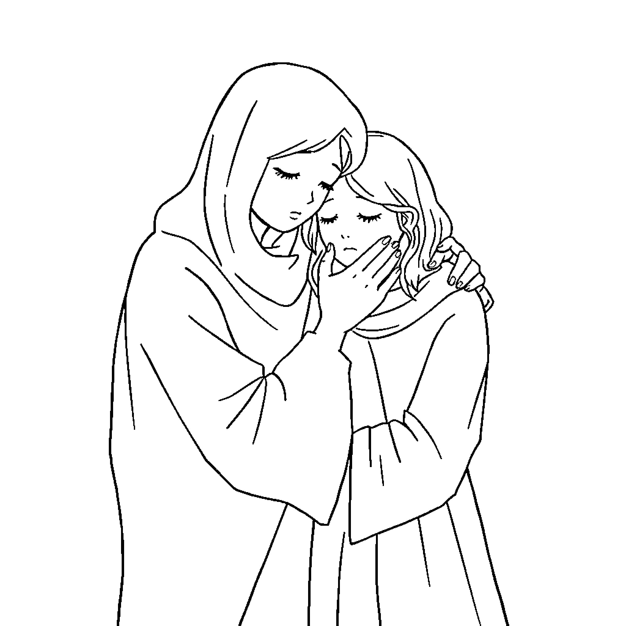 Healer comforting a distressed individual Coloring Page (free black-and-white line drawing printable PDF for all, from beginners to advanced learners, including children, teens, adults, and seniors)