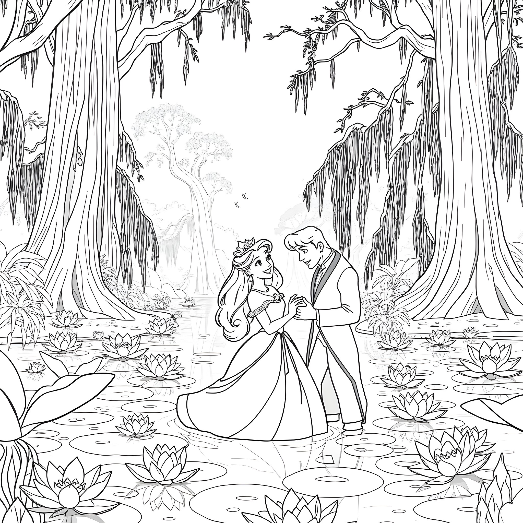 Tiana and Prince Naveen dancing in the enchanted swamp Coloring Page (free black-and-white line drawing printable PDF for all, from beginners to advanced learners, including children, teens, adults, and seniors)