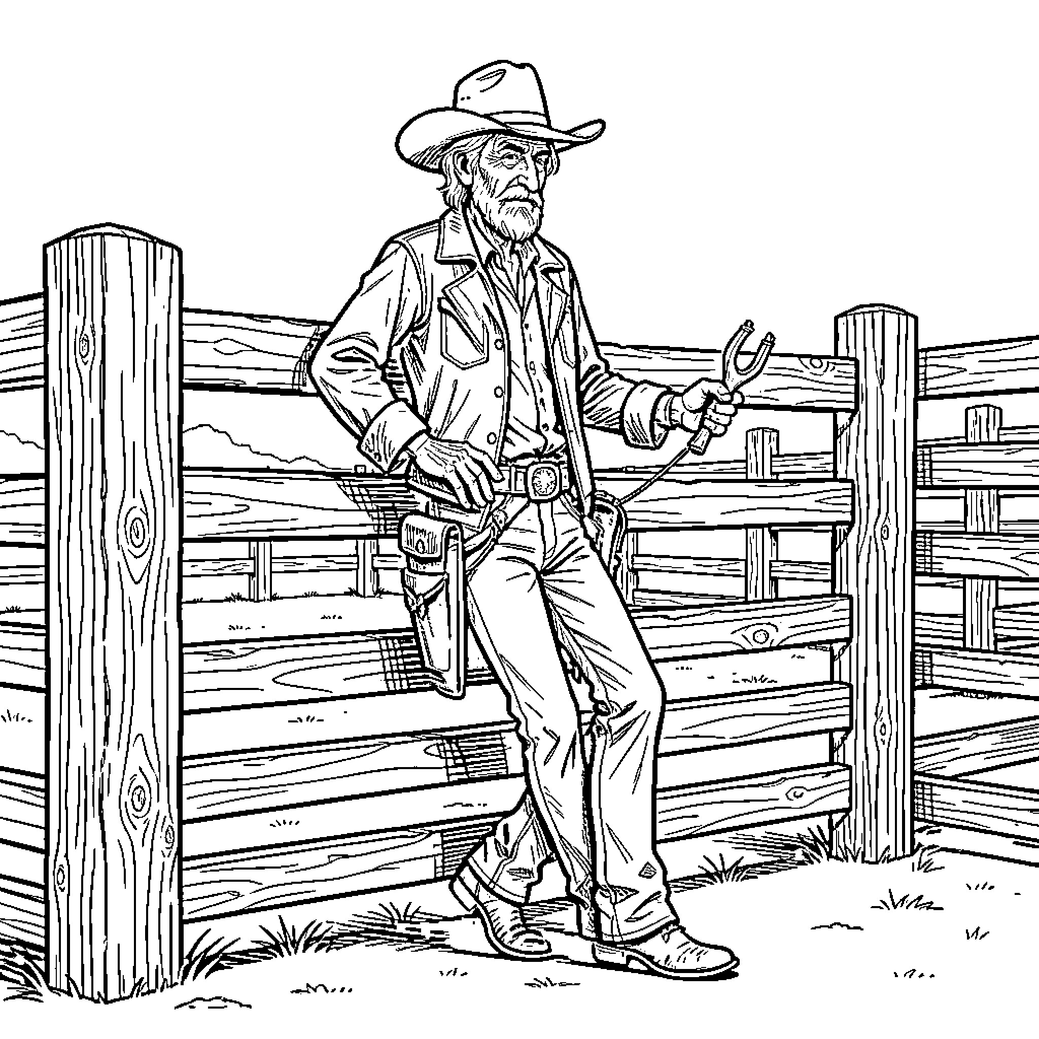 Cowboy leaning against a wooden fence holding spurs Coloring Page (free black-and-white line drawing printable PDF for all, from beginners to advanced learners, including children, teens, adults, and seniors)
