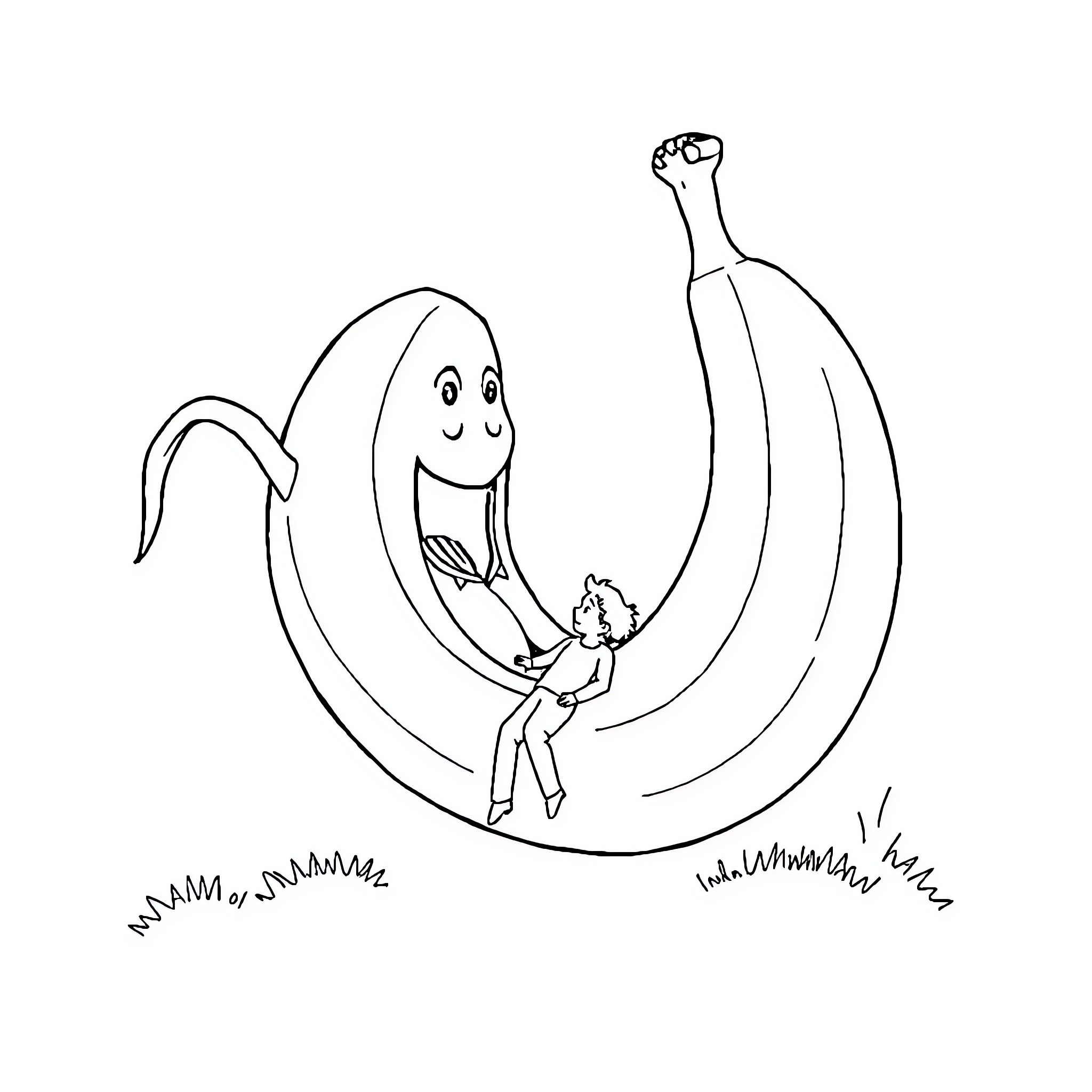 Banana friends enjoying a playful moment Coloring Page (free black-and-white line drawing printable PDF for all, from beginners to advanced learners, including children, teens, adults, and seniors)