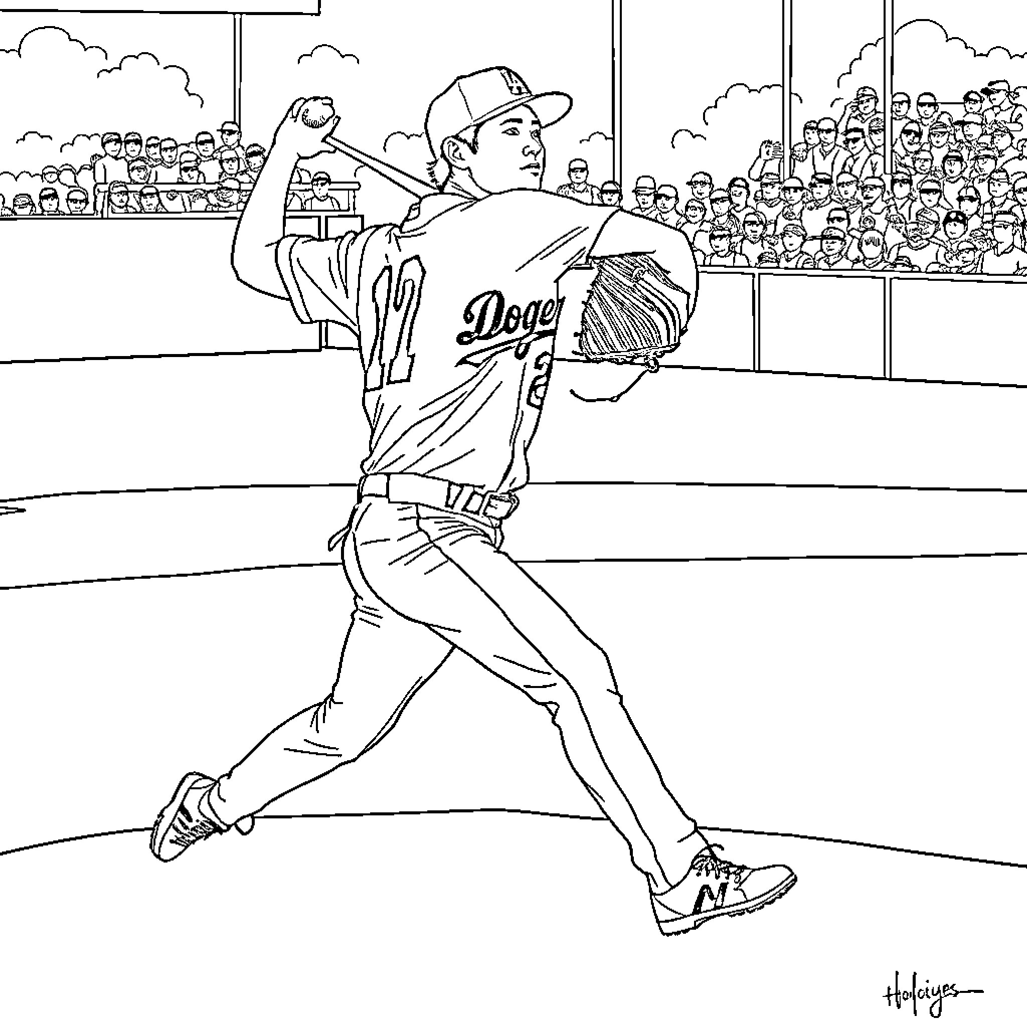 Shohei Ohtani batting in a baseball game Coloring Page (free black-and-white line drawing printable PDF for all, from beginners to advanced learners, including children, teens, adults, and seniors)