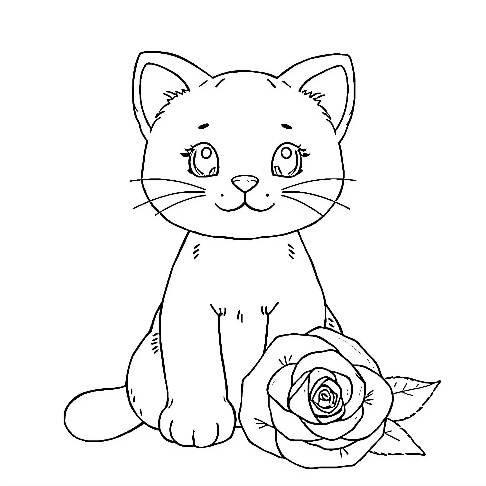 Cat sitting with a rose Coloring Page (free black-and-white line drawing printable PDF for all, from beginners to advanced learners, including children, teens, adults, and seniors)