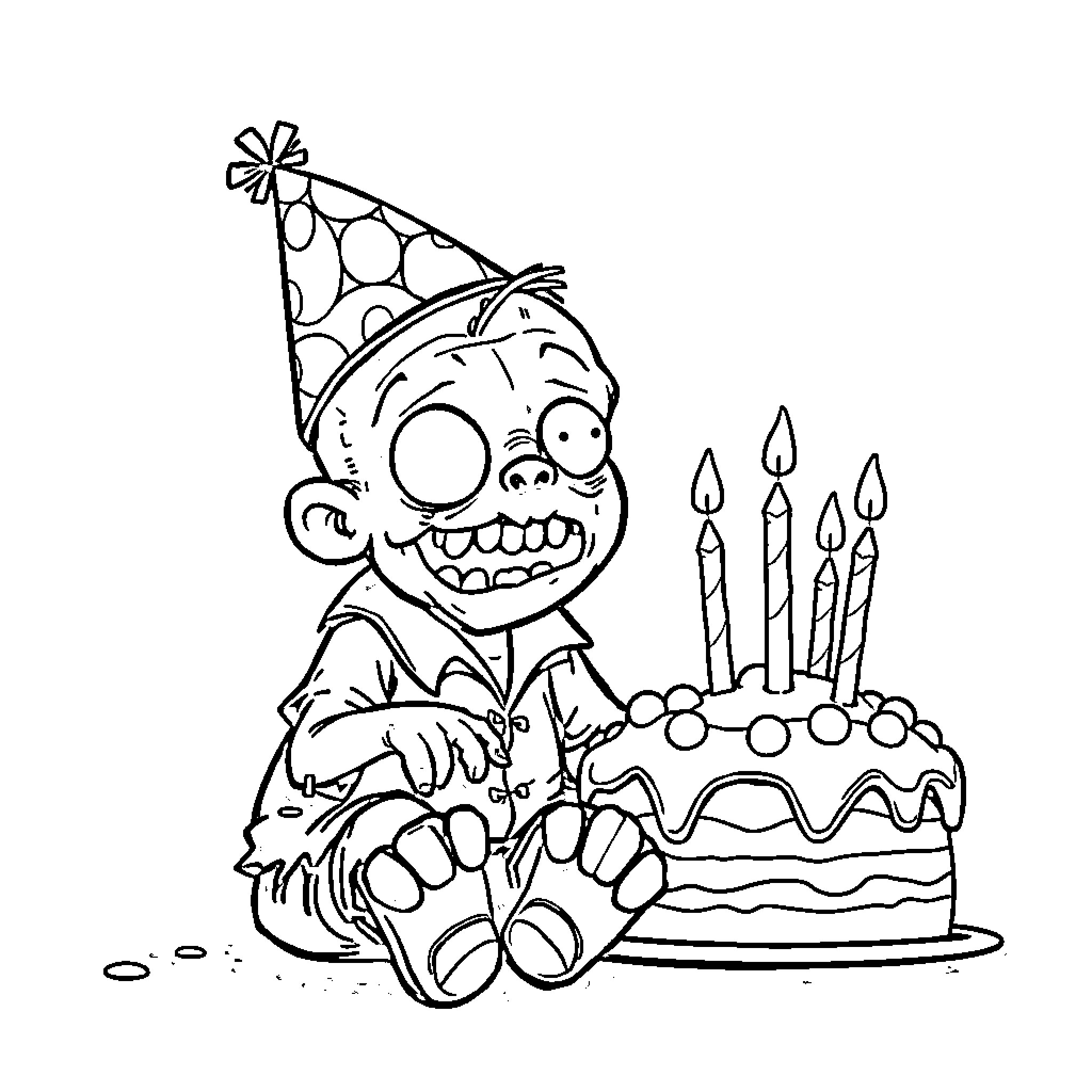 Zombie celebrating a spooky birthday with cake and candles Coloring Page (free black-and-white line drawing printable PDF for all, from beginners to advanced learners, including children, teens, adults, and seniors)