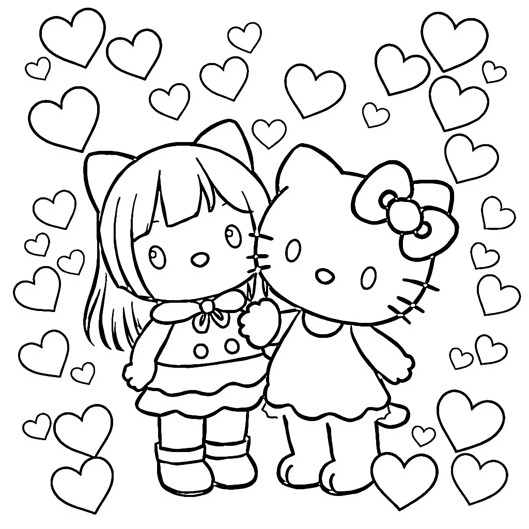 Hello Kitty and Girl Hugging with Hearts Coloring Page (free black-and-white line drawing printable PDF for all, from beginners to advanced learners, including children, teens, adults, and seniors)