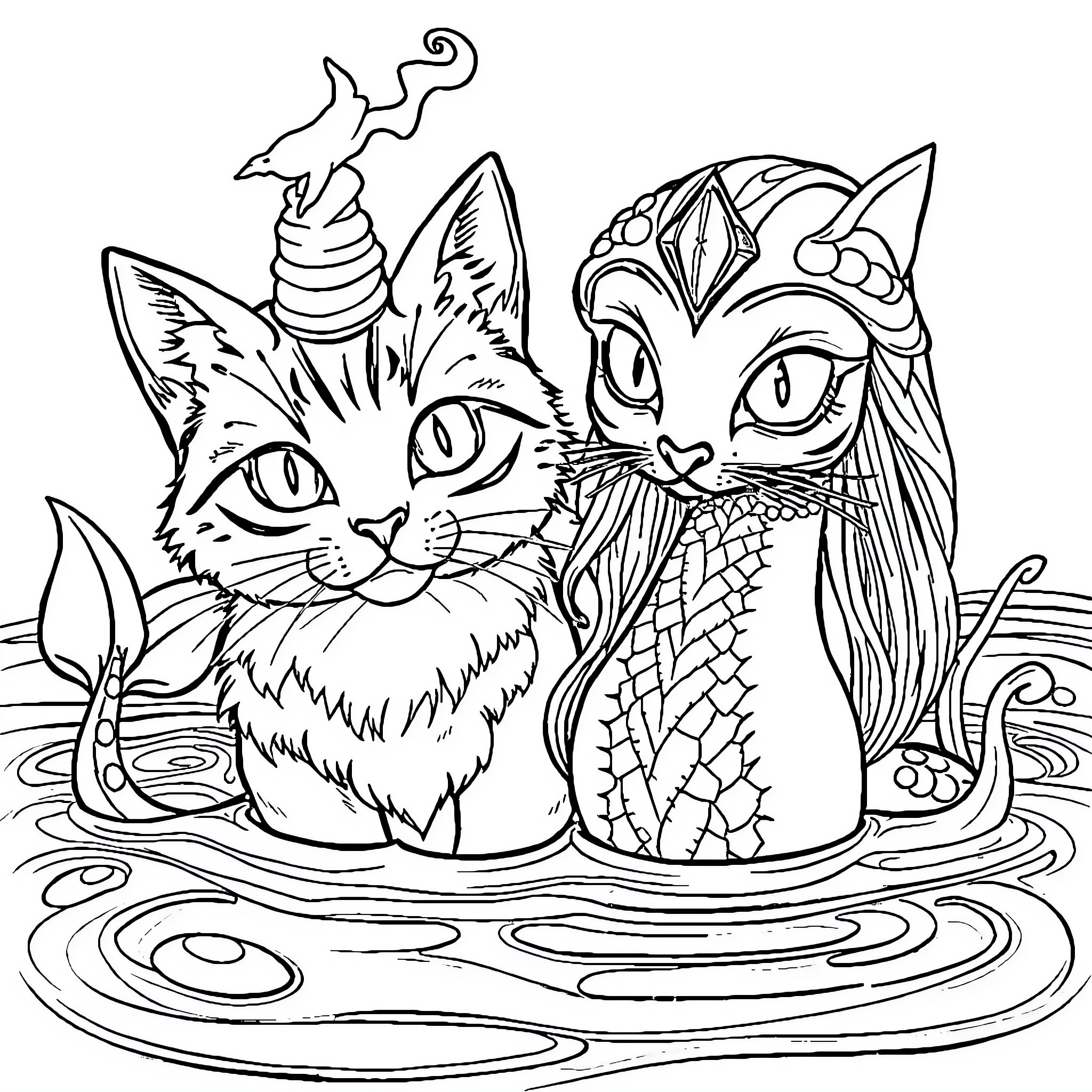 Unicorn Cat Companions in a Fantastical Pond Coloring Page (free black-and-white line drawing printable PDF for all, from beginners to advanced learners, including children, teens, adults, and seniors)