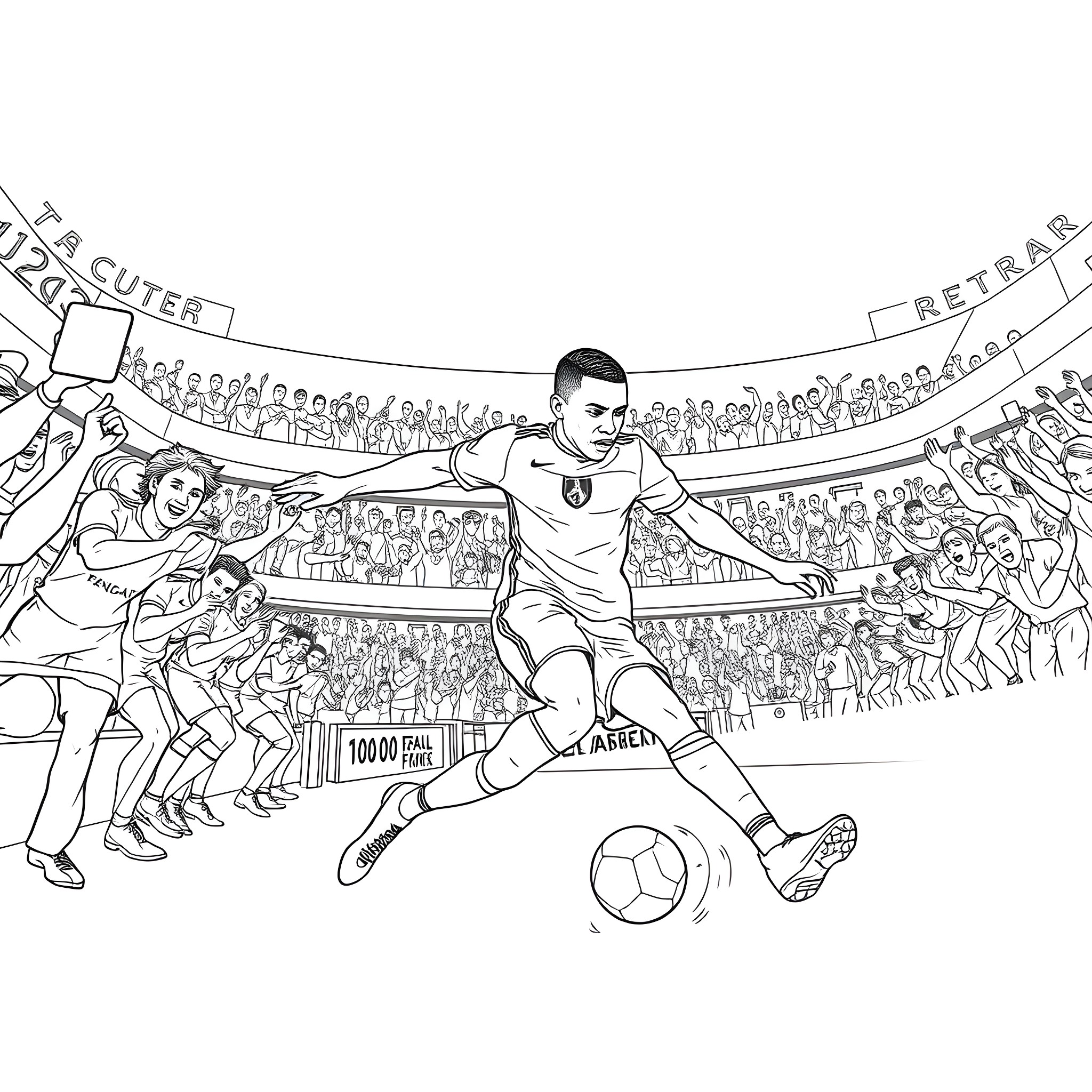 Kylian Mbappe's spectacular football performance in the stadium Coloring Page (free black-and-white line drawing printable PDF for all, from beginners to advanced learners, including children, teens, adults, and seniors)