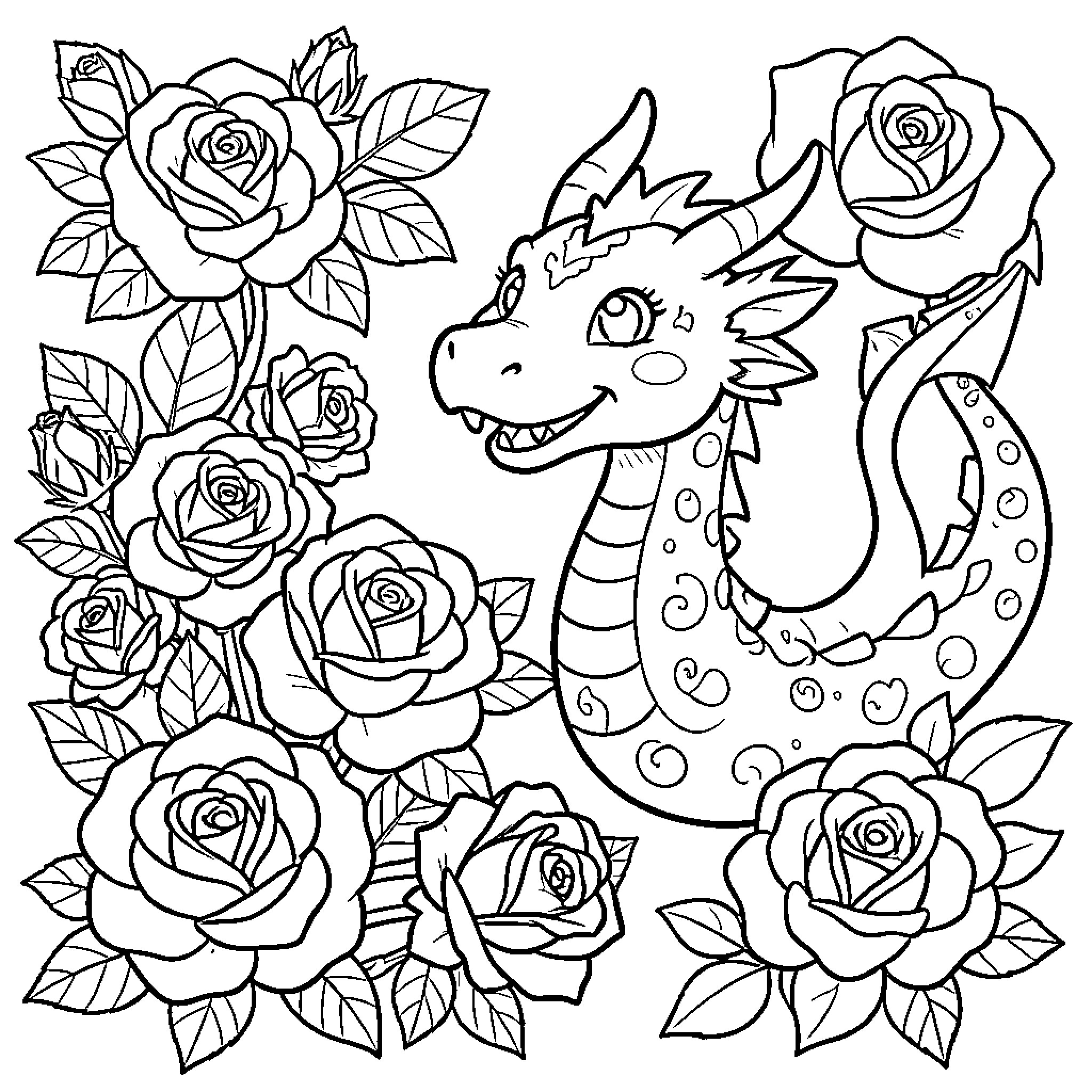 Rose Dragon and Blooming Roses Coloring Page (free black-and-white line drawing printable PDF for all, from beginners to advanced learners, including children, teens, adults, and seniors)