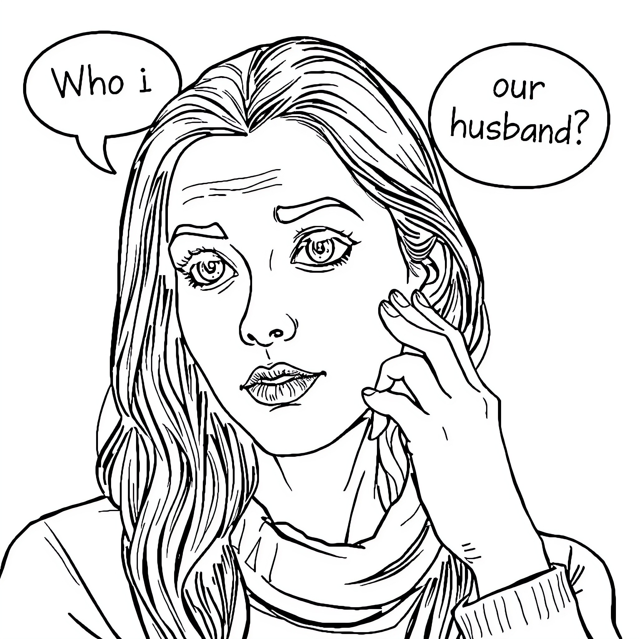 Husband Questioning Identity in Pensive Expression Coloring Page (free black-and-white line drawing printable PDF for all, from beginners to advanced learners, including children, teens, adults, and seniors)