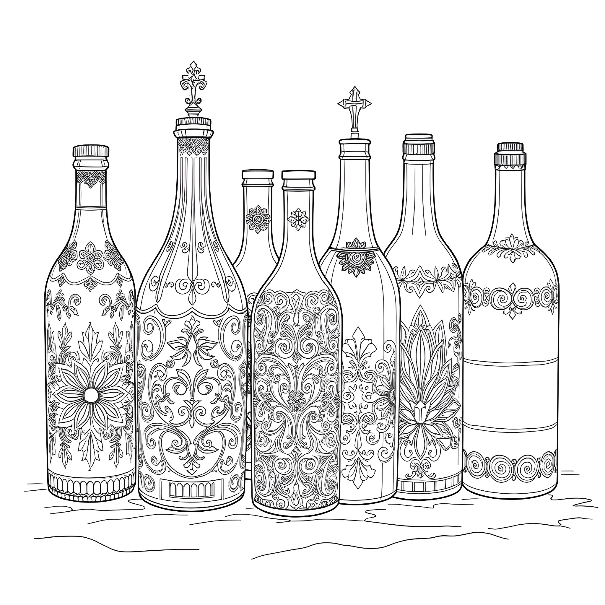 Bottle collection with intricate floral designs Coloring Page (free black-and-white line drawing printable PDF for all, from beginners to advanced learners, including children, teens, adults, and seniors)
