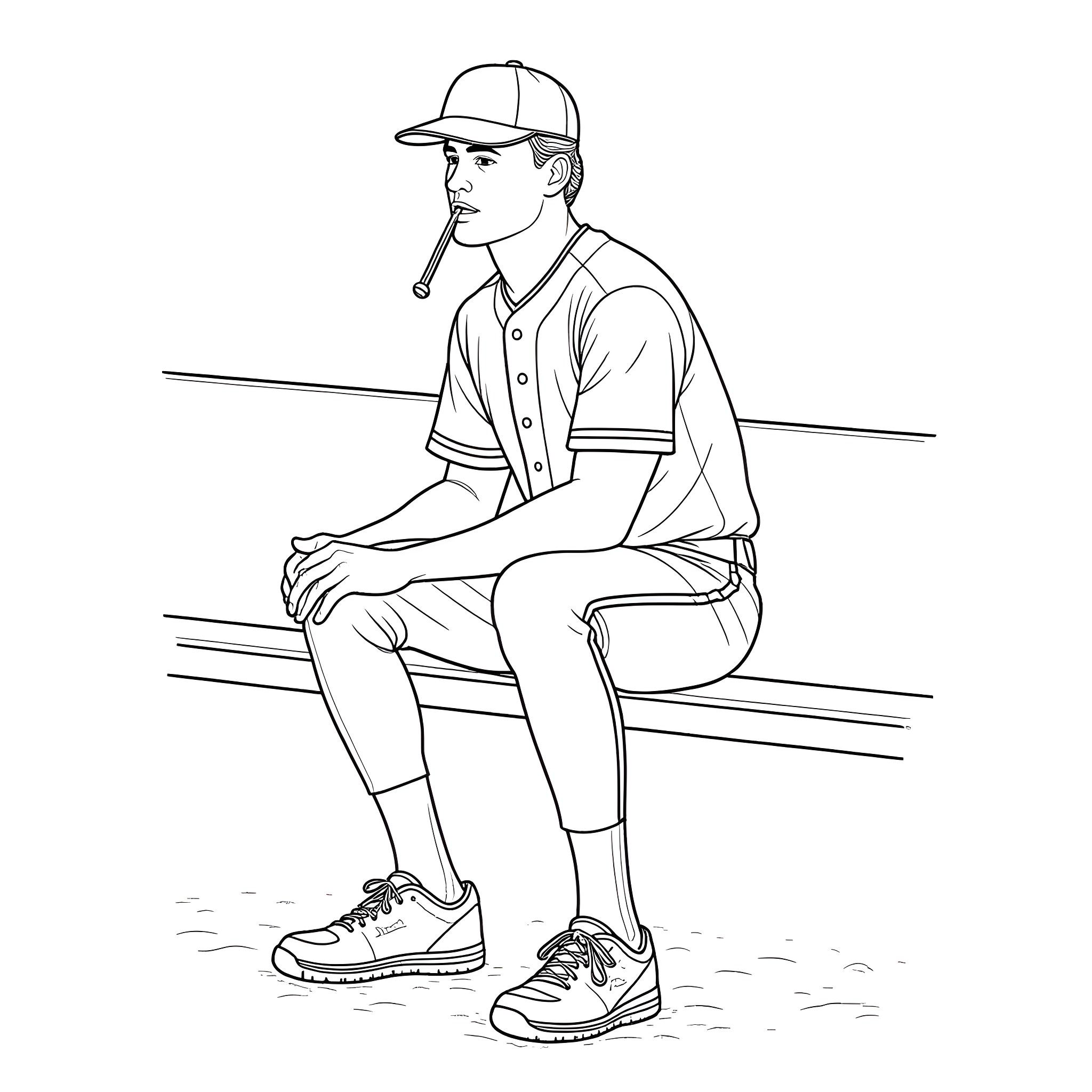 Baseball Player Sitting on Bench Coloring Page (free black-and-white line drawing printable PDF for all, from beginners to advanced learners, including children, teens, adults, and seniors)