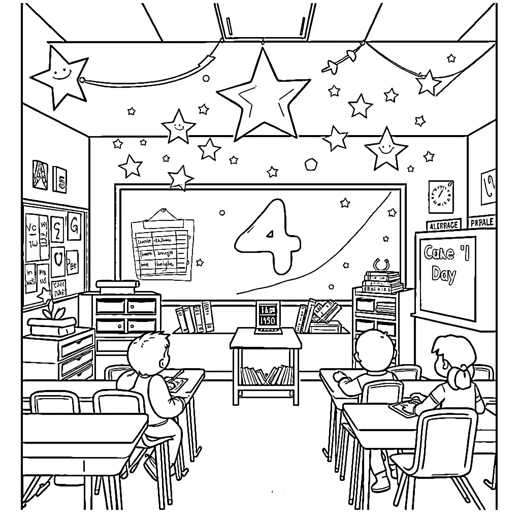Star-studded classroom scene with students and decor Coloring Page (free black-and-white line drawing printable PDF for all, from beginners to advanced learners, including children, teens, adults, and seniors)