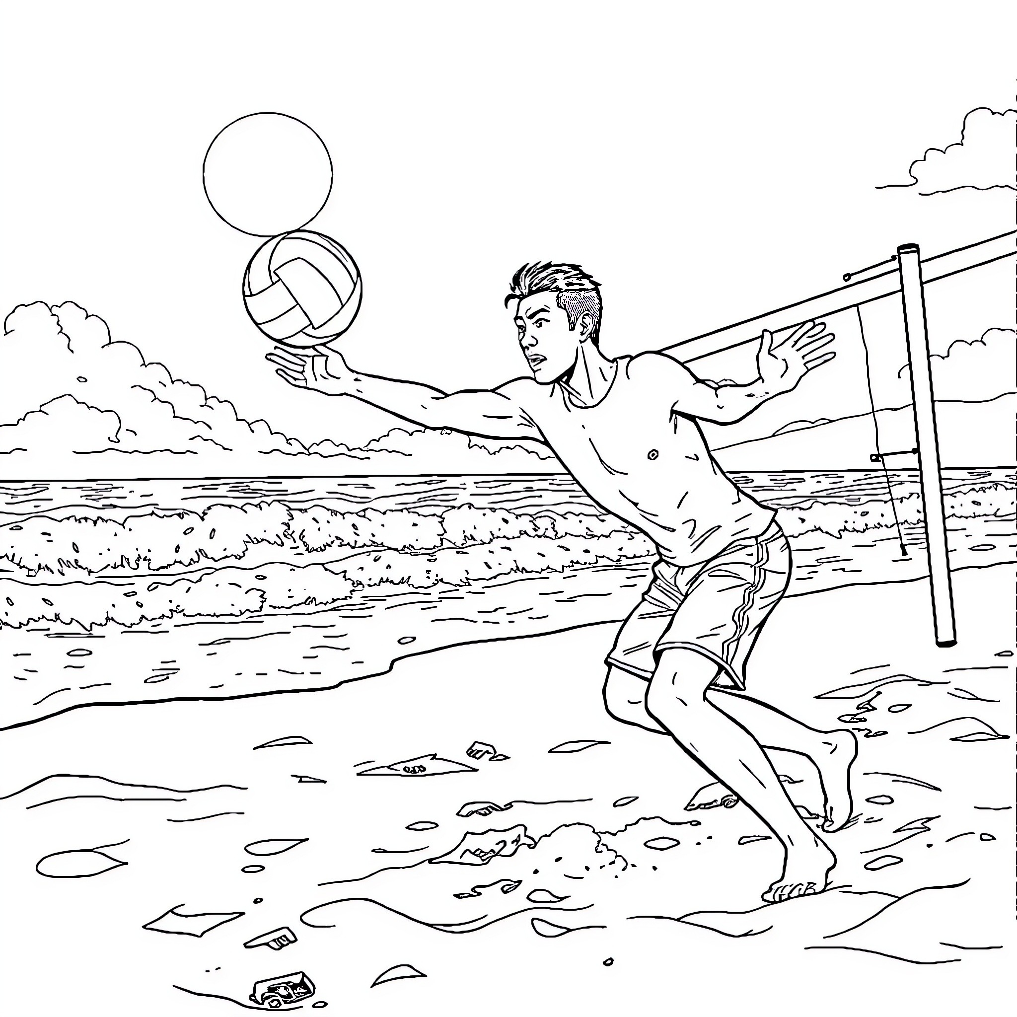 Jet Lee playing volleyball at the beach Coloring Page (free black-and-white line drawing printable PDF for all, from beginners to advanced learners, including children, teens, adults, and seniors)