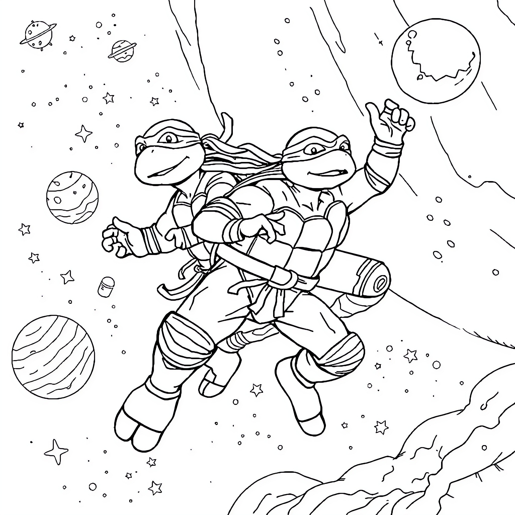 Ninja Turtle battling cosmic enemies in space Coloring Page (free black-and-white line drawing printable PDF for all, from beginners to advanced learners, including children, teens, adults, and seniors)