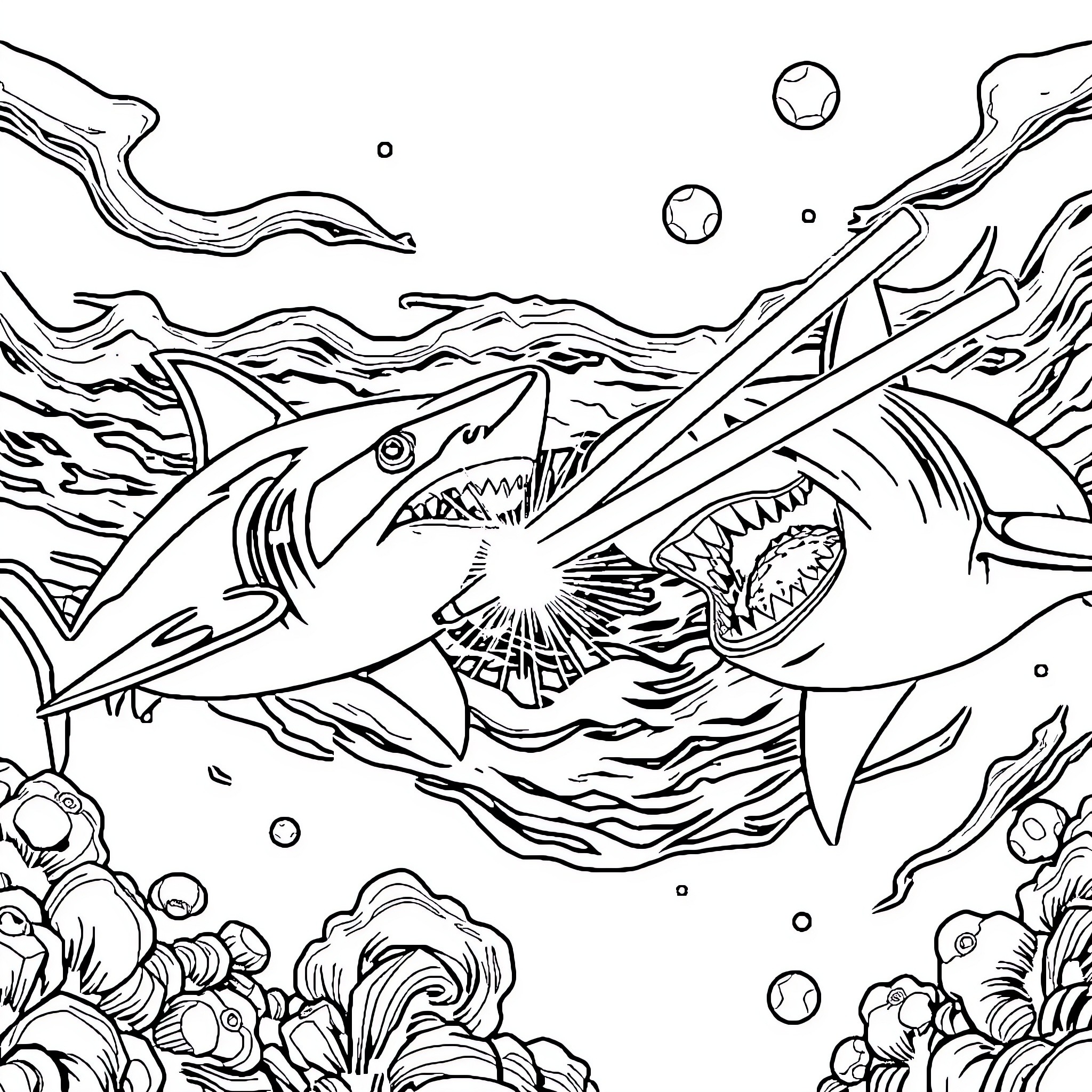 Shark hunting prey in the underwater scene Coloring Page (free black-and-white line drawing printable PDF for all, from beginners to advanced learners, including children, teens, adults, and seniors)