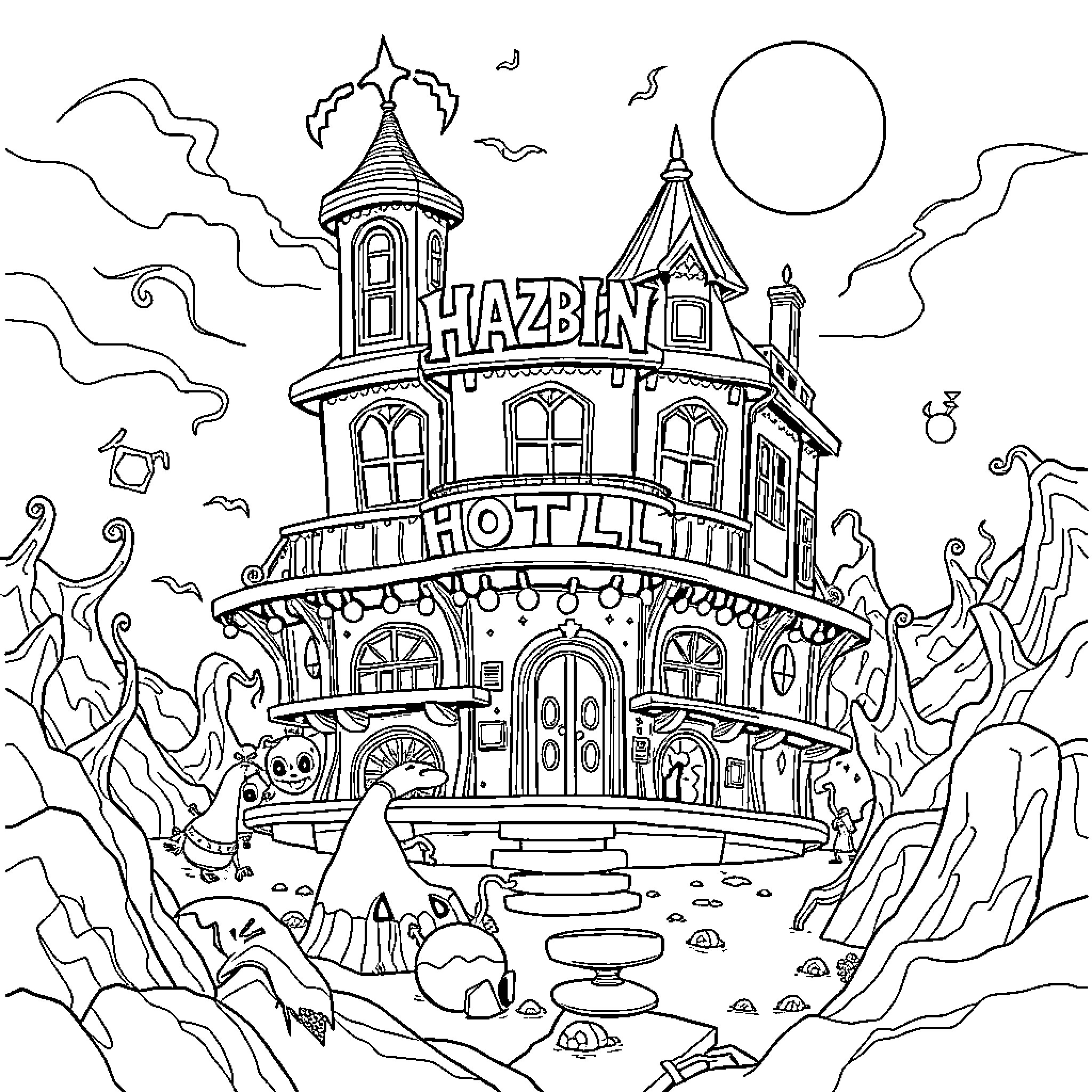 Hazbin Hotel - Fantastical hotel with whimsical creatures Coloring Page (free black-and-white line drawing printable PDF for all, from beginners to advanced learners, including children, teens, adults, and seniors)