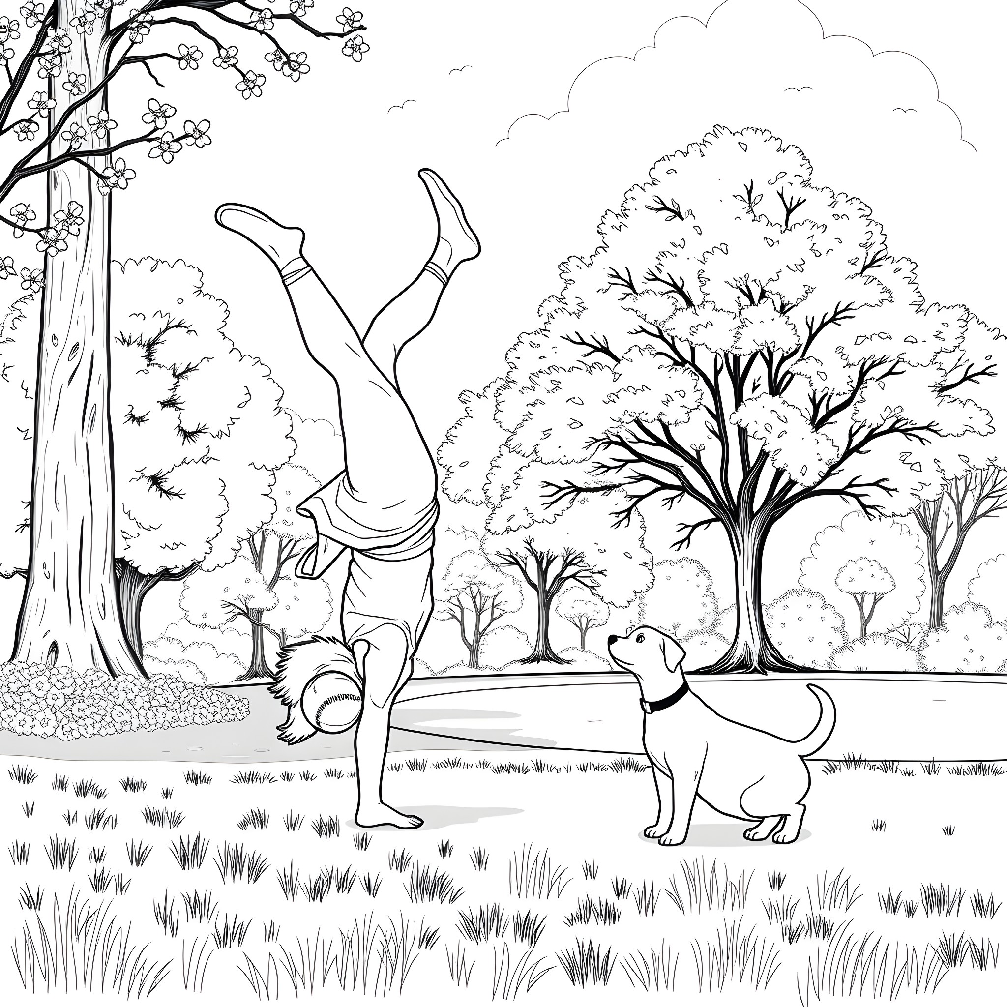 Softball Player Doing Handstand in the Park Coloring Page (free black-and-white line drawing printable PDF for all, from beginners to advanced learners, including children, teens, adults, and seniors)