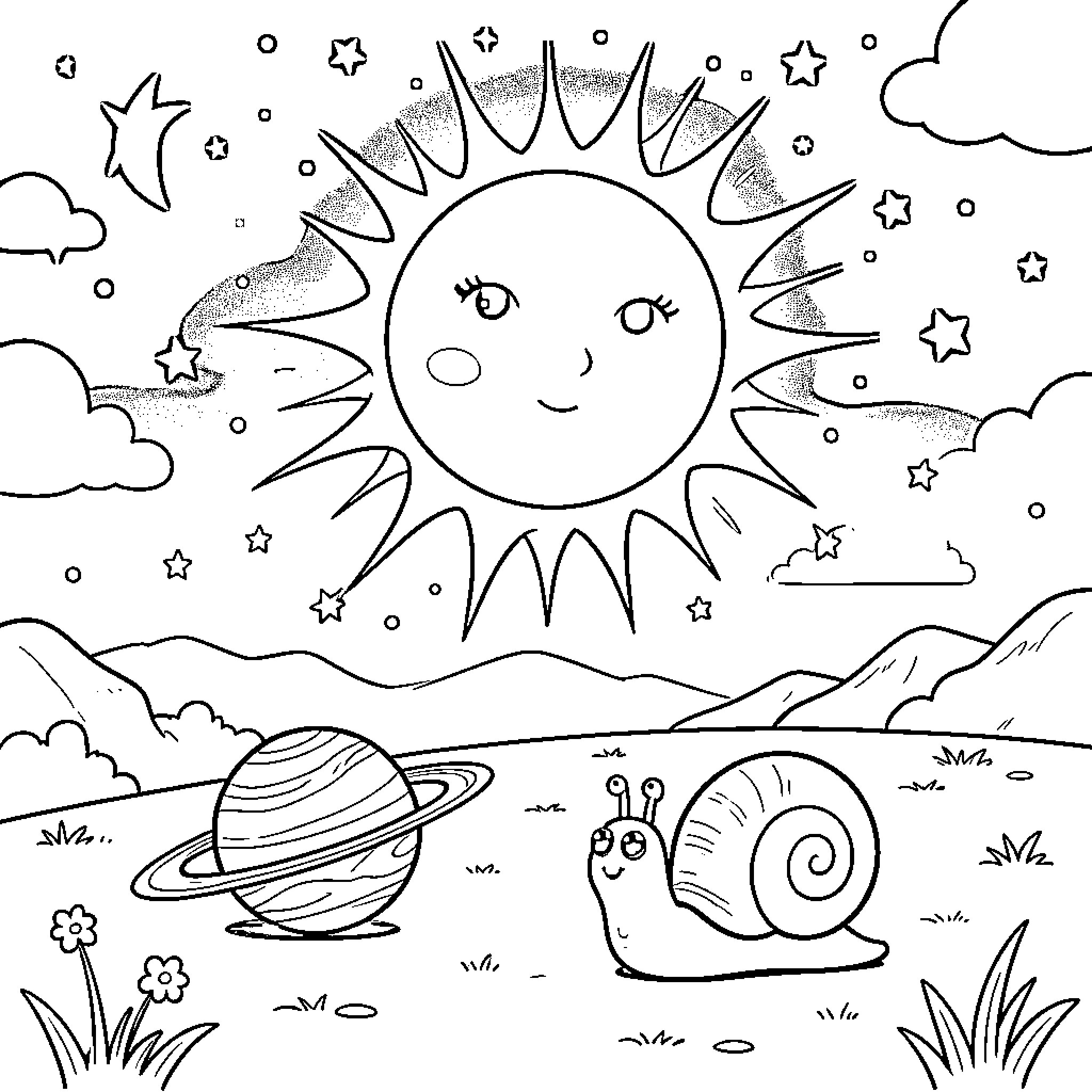 Luna's Cosmic Adventure Coloring Page (free black-and-white line drawing printable PDF for all, from beginners to advanced learners, including children, teens, adults, and seniors)