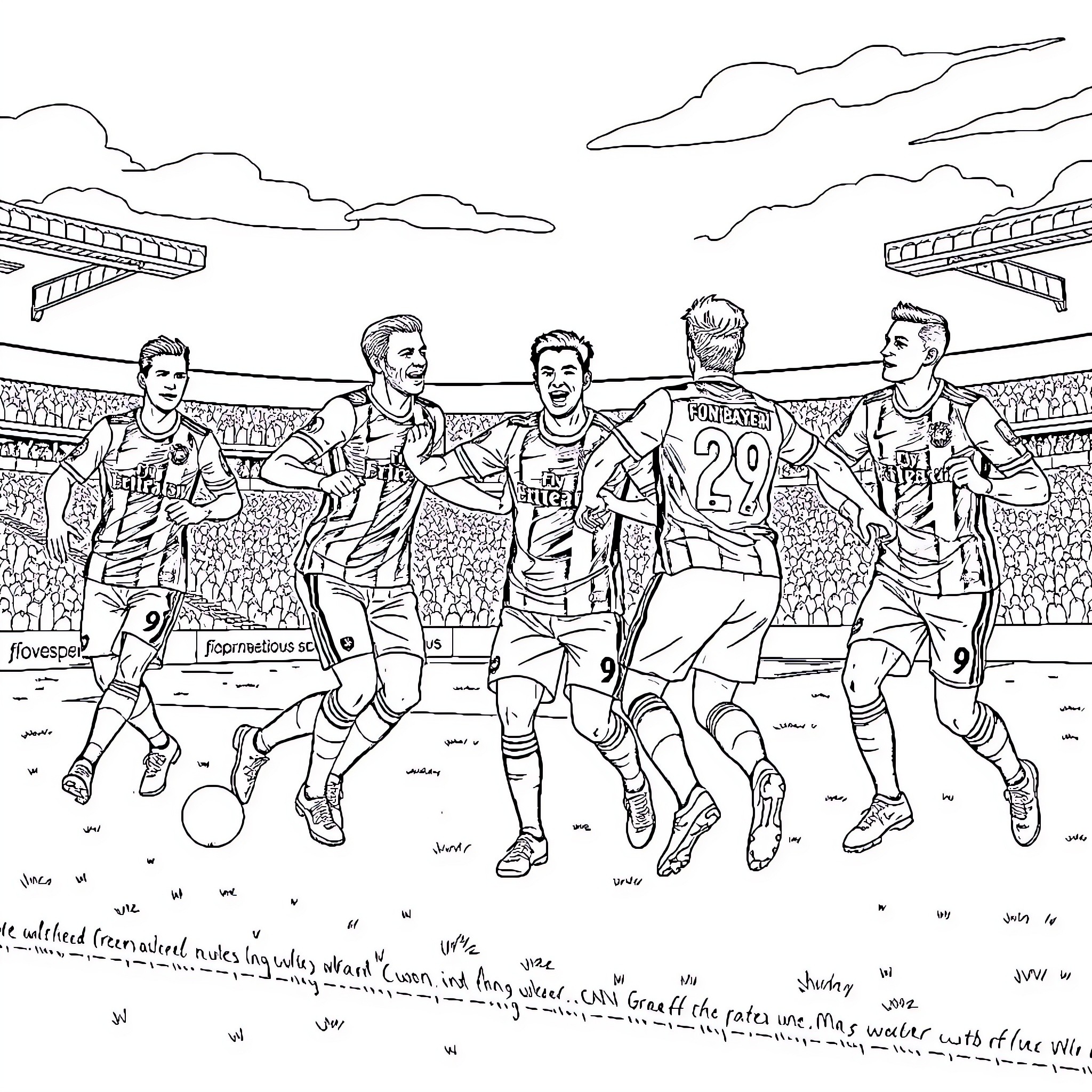 FC Bayern players competing on the soccer field Coloring Page (free black-and-white line drawing printable PDF for all, from beginners to advanced learners, including children, teens, adults, and seniors)