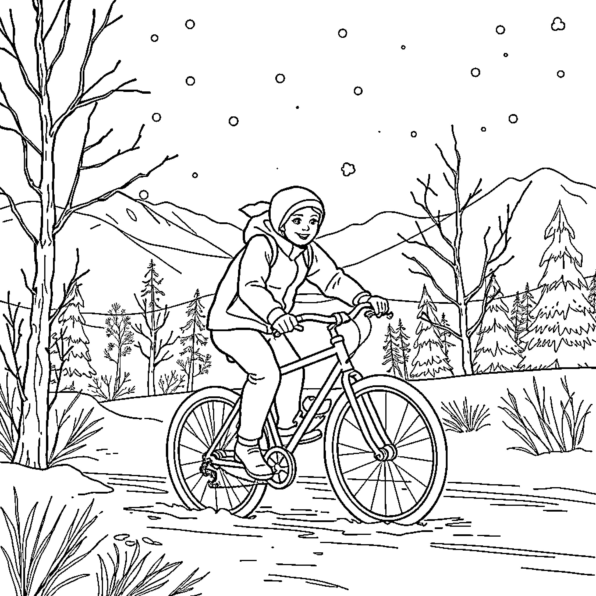 Frozen Cyclist Navigating Wintry Landscape Coloring Page (free black-and-white line drawing printable PDF for all, from beginners to advanced learners, including children, teens, adults, and seniors)