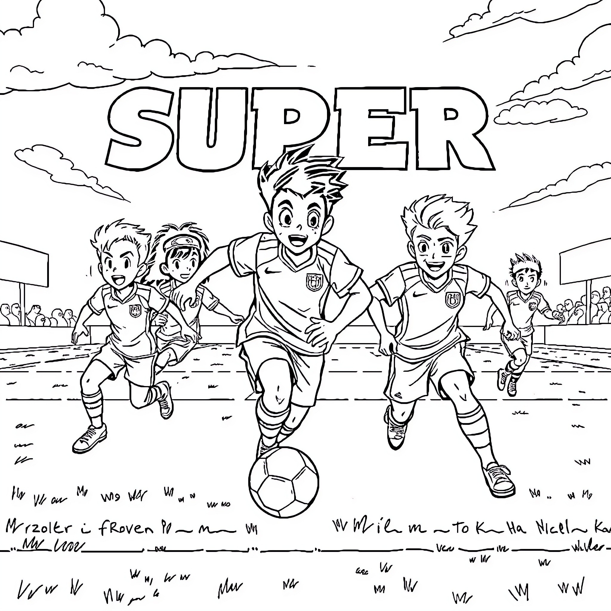 Super Champions Soccer Players on the Field Coloring Page (free black-and-white line drawing printable PDF for all, from beginners to advanced learners, including children, teens, adults, and seniors)