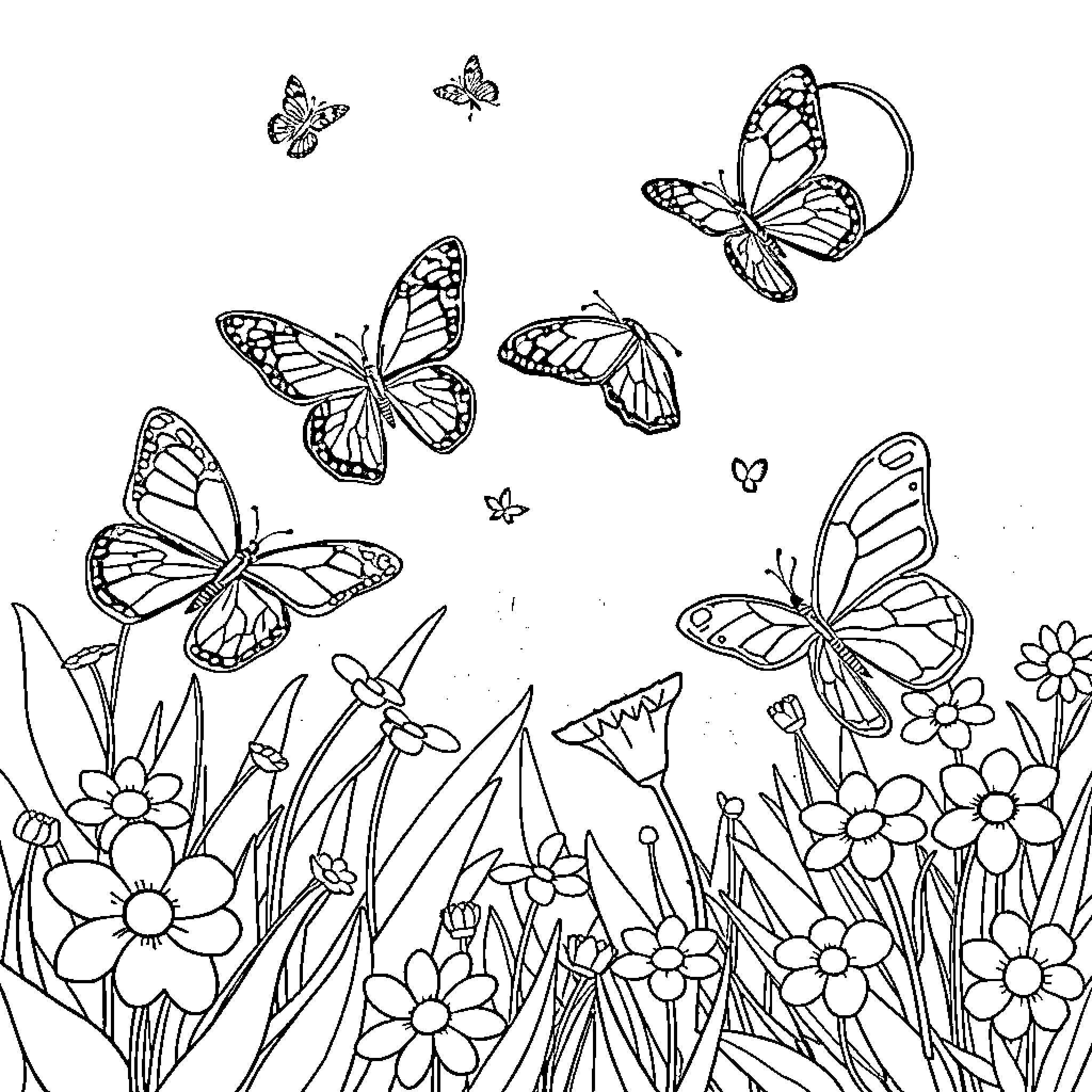 Butterflies playing amidst the flowers Coloring Page (free black-and-white line drawing printable PDF for all, from beginners to advanced learners, including children, teens, adults, and seniors)