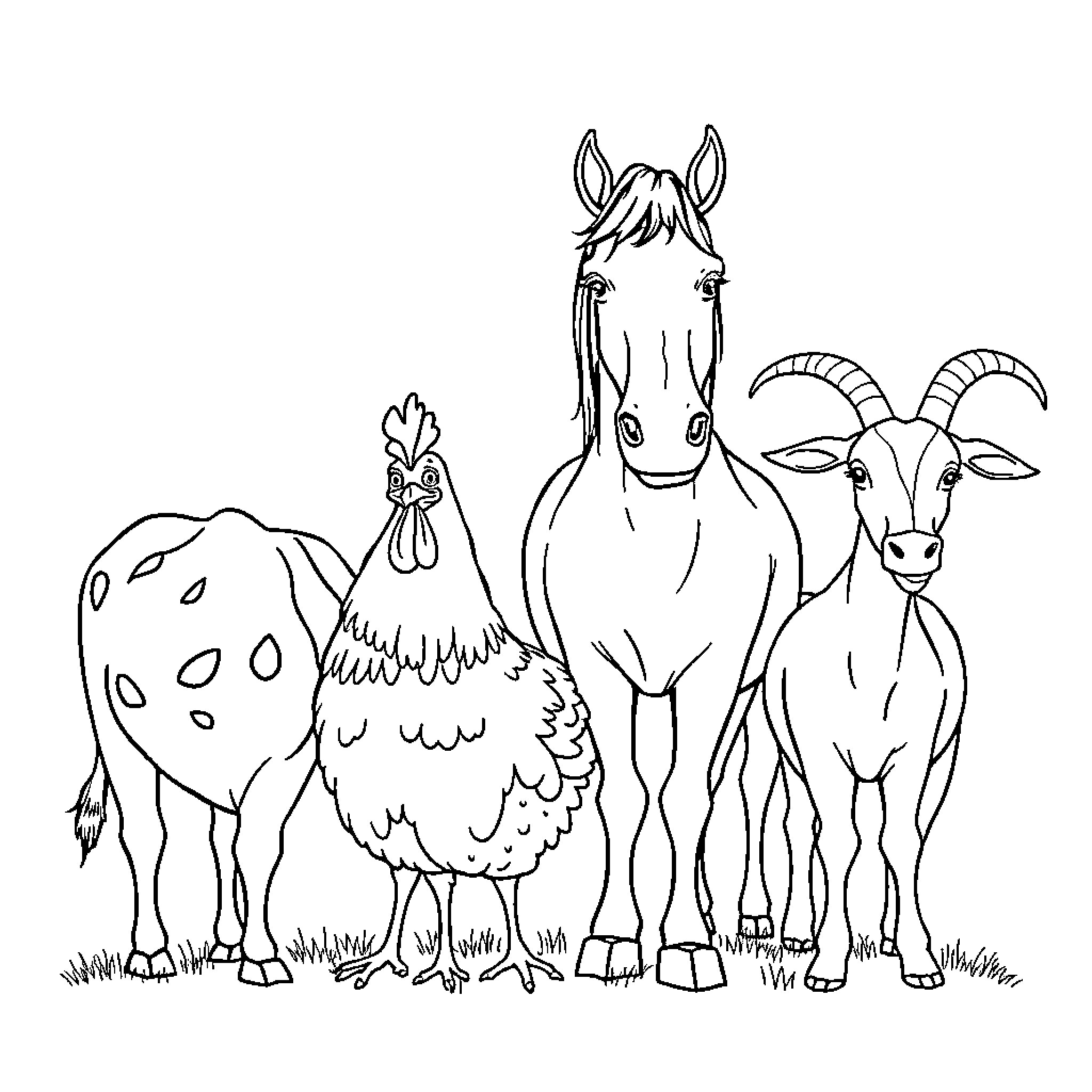 Animal group of farm animals posing together Coloring Page (free black-and-white line drawing printable PDF for all, from beginners to advanced learners, including children, teens, adults, and seniors)