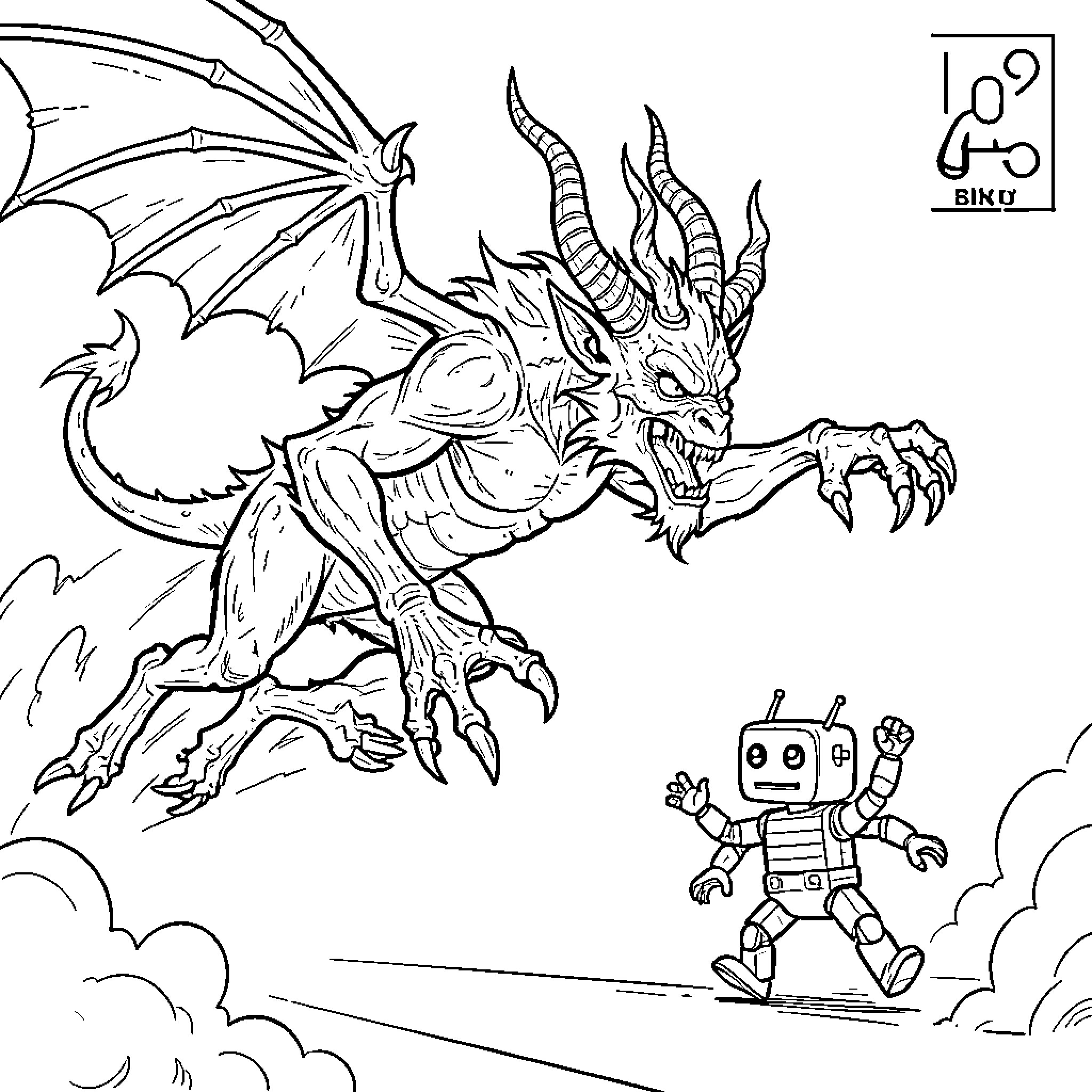 Demon dragon confronting a small robot Coloring Page (free black-and-white line drawing printable PDF for all, from beginners to advanced learners, including children, teens, adults, and seniors)