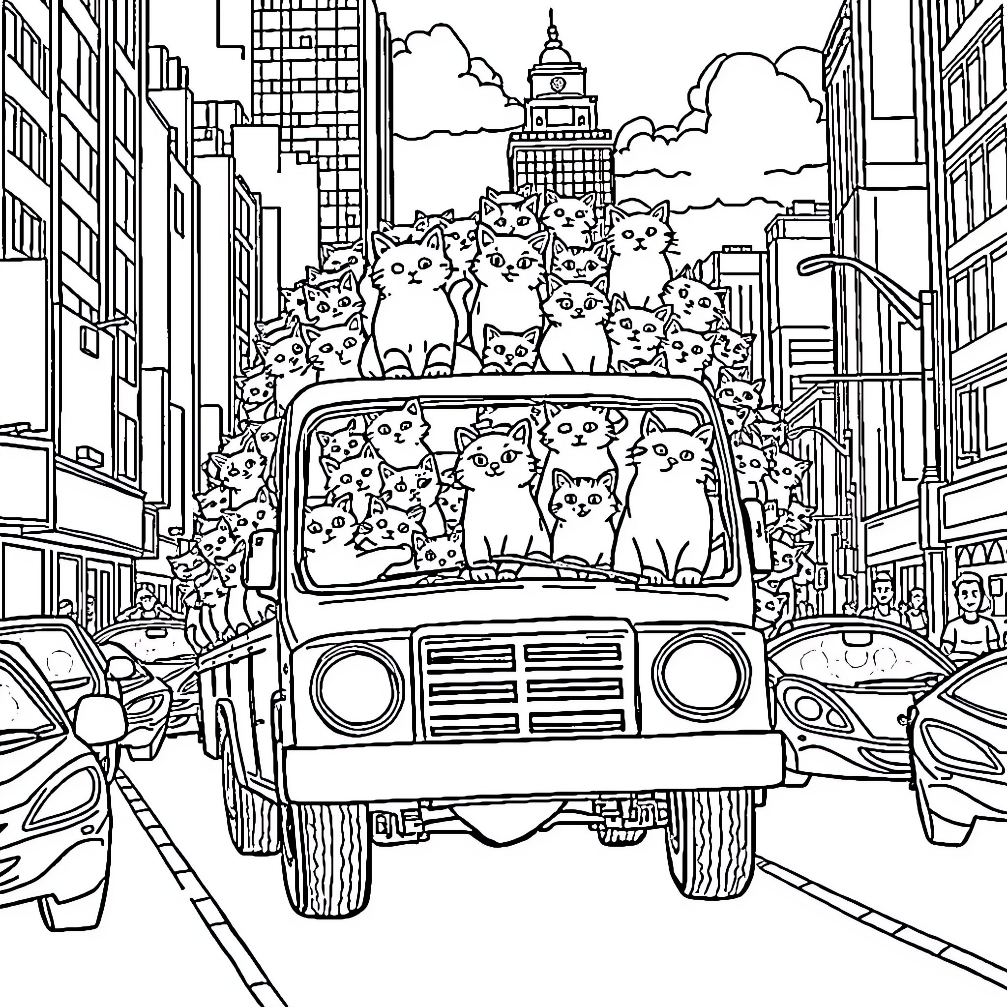 Cat herd riding through city streets Coloring Page (free black-and-white line drawing printable PDF for all, from beginners to advanced learners, including children, teens, adults, and seniors)