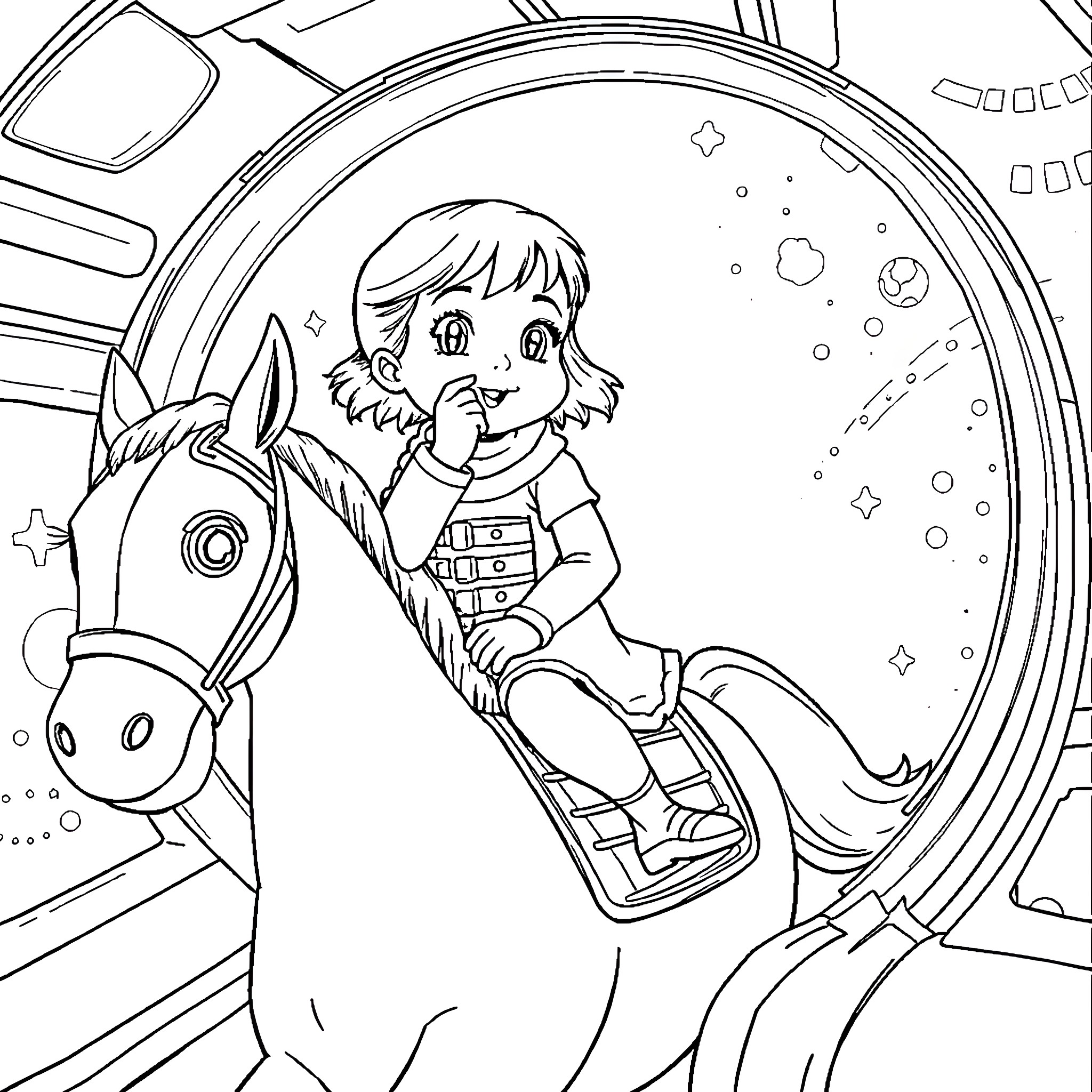 Kid riding a horse in a futuristic setting Coloring Page (free black-and-white line drawing printable PDF for all, from beginners to advanced learners, including children, teens, adults, and seniors)