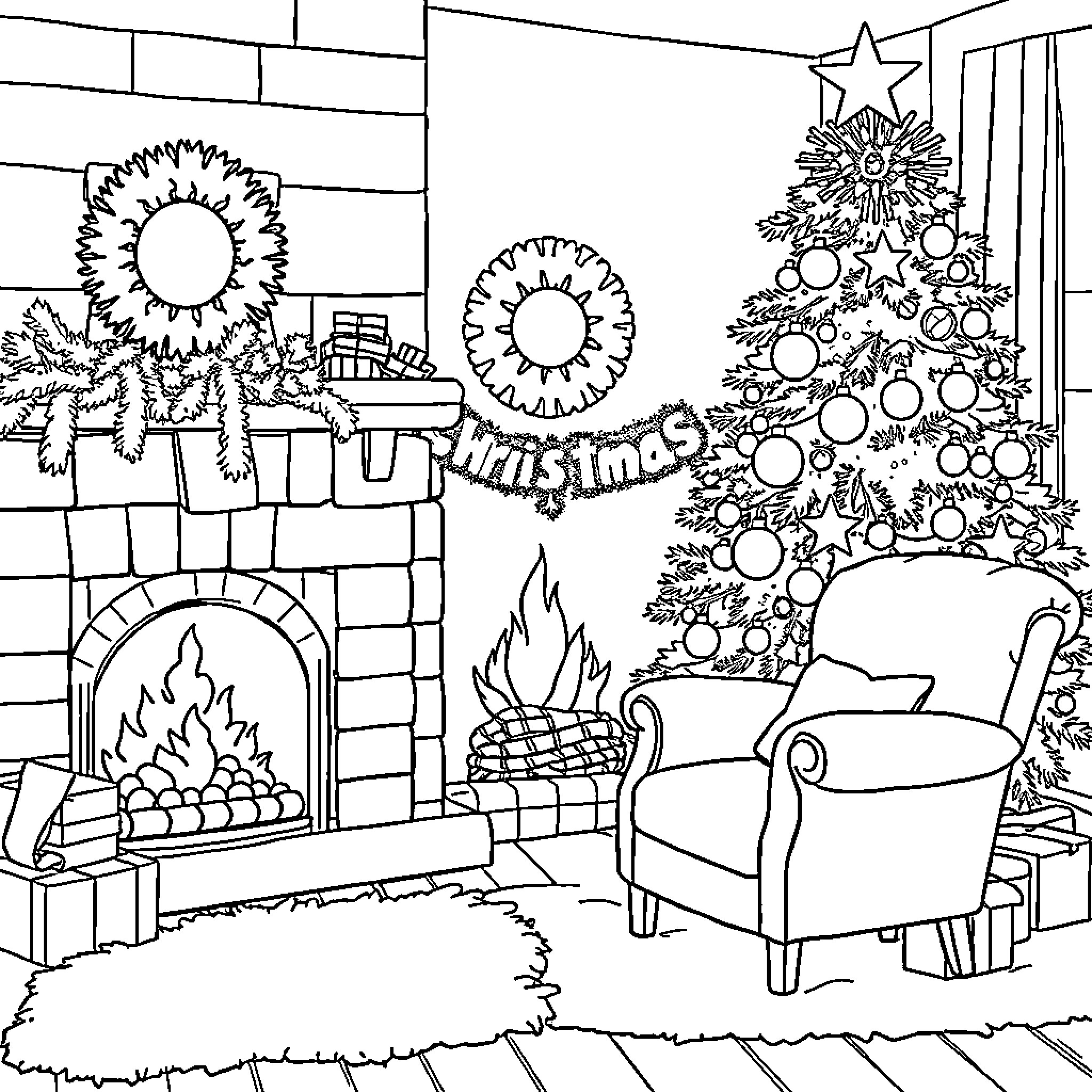 Fireplace and Christmas tree decor in cozy living room Coloring Page (free black-and-white line drawing printable PDF for all, from beginners to advanced learners, including children, teens, adults, and seniors)