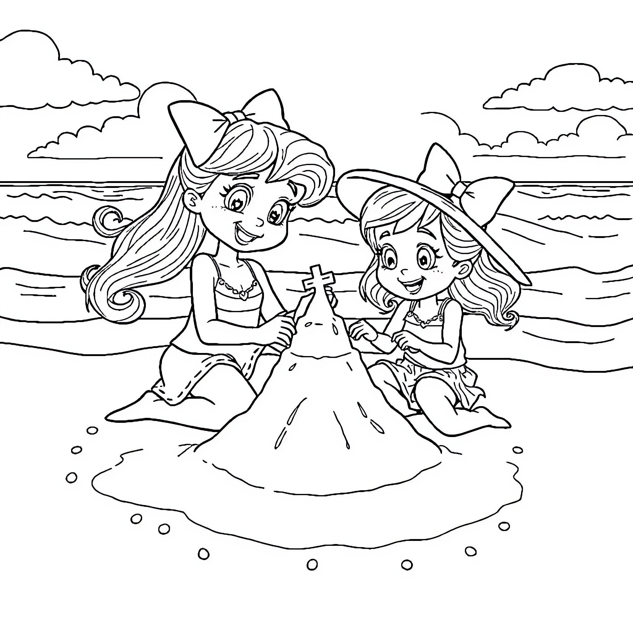 Bluey and Friends Enjoy a Day at the Beach Coloring Page (free black-and-white line drawing printable PDF for all, from beginners to advanced learners, including children, teens, adults, and seniors)