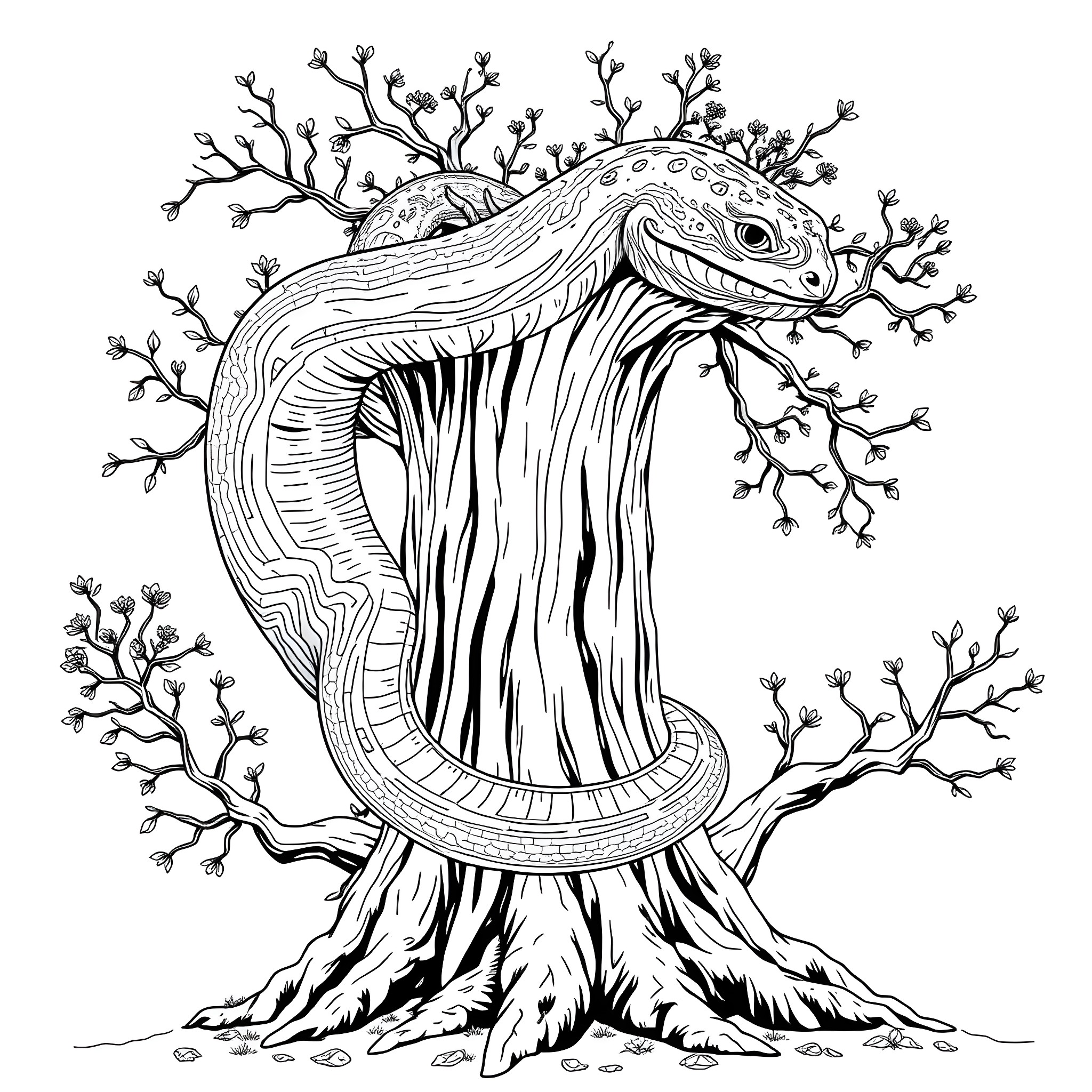 Dendroaspis in a Mystical Nature Scene Coloring Page (free black-and-white line drawing printable PDF for all, from beginners to advanced learners, including children, teens, adults, and seniors)