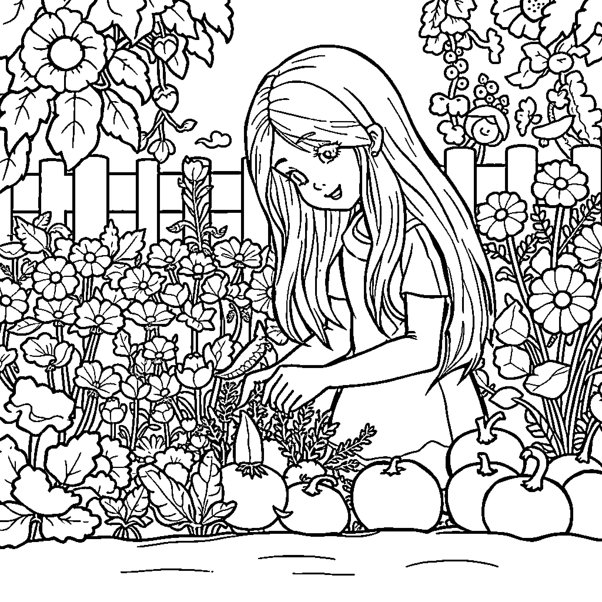 Girl surrounded by flowers in a garden Coloring Page (free black-and-white line drawing printable PDF for all, from beginners to advanced learners, including children, teens, adults, and seniors)