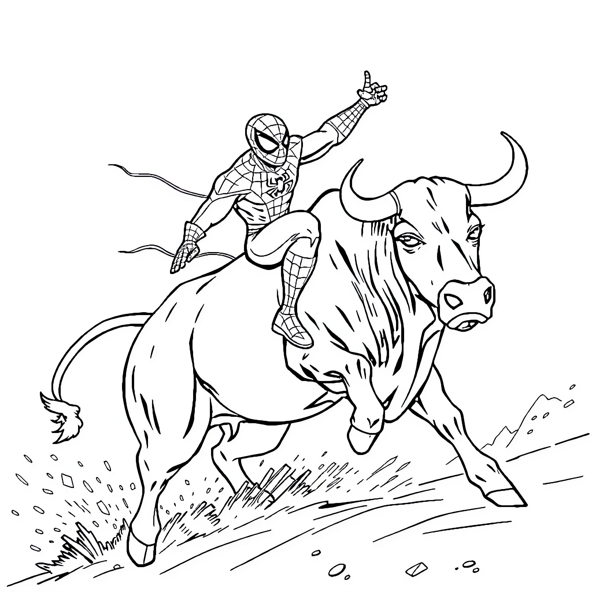 Spiderman riding a charging bull Coloring Page (free black-and-white line drawing printable PDF for all, from beginners to advanced learners, including children, teens, adults, and seniors)