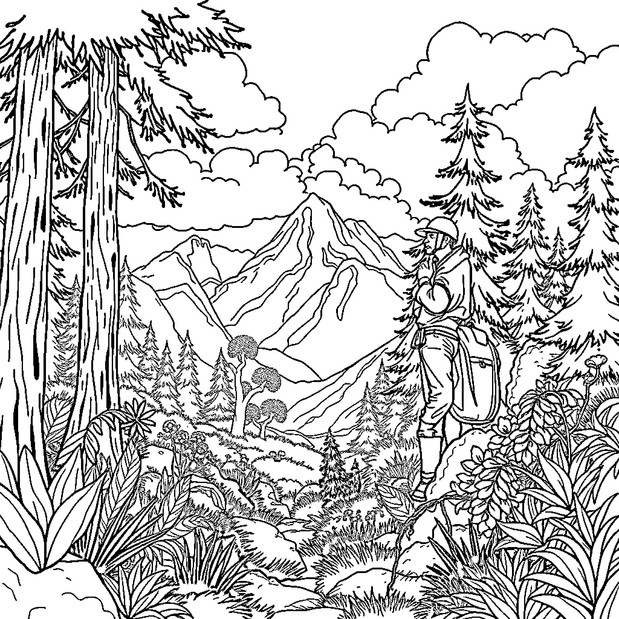 Landscape Architect Exploring Majestic Mountain Scenery Coloring Page (free black-and-white line drawing printable PDF for all, from beginners to advanced learners, including children, teens, adults, and seniors)