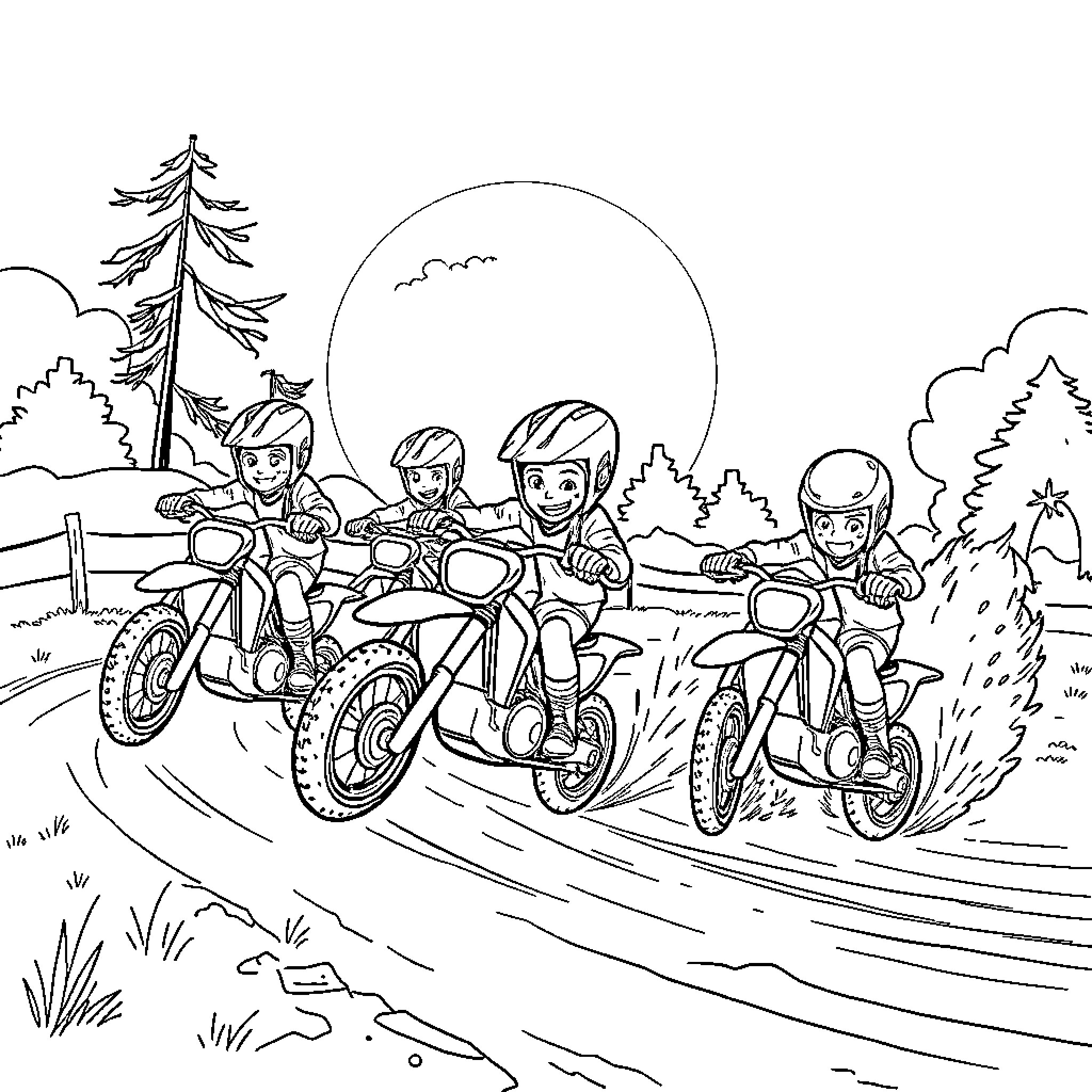 Kid Riding Motorcycles on Outdoor Adventure Coloring Page (free black-and-white line drawing printable PDF for all, from beginners to advanced learners, including children, teens, adults, and seniors)