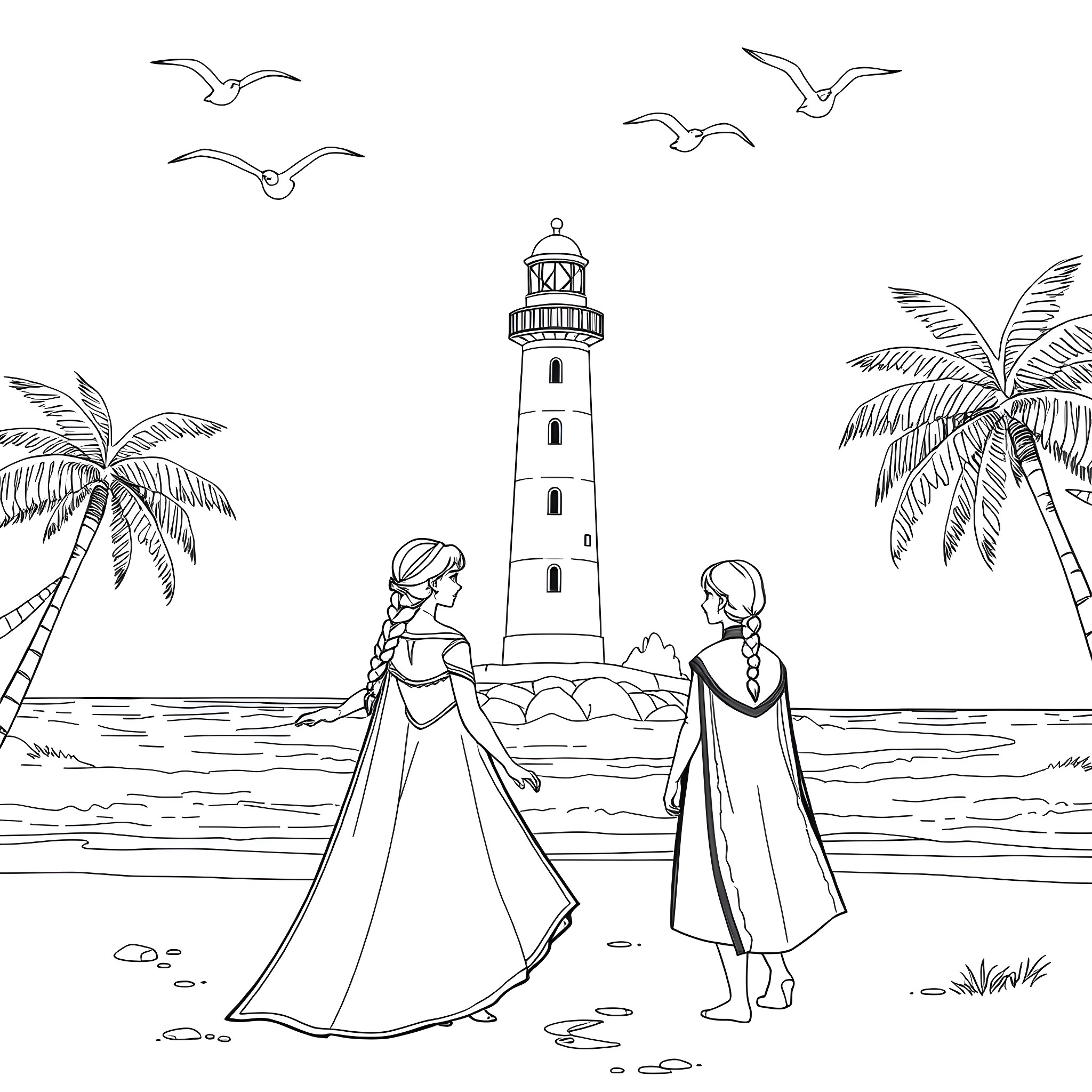 Elsa and Anna enjoying the view of the lighthouse Coloring Page (free black-and-white line drawing printable PDF for all, from beginners to advanced learners, including children, teens, adults, and seniors)