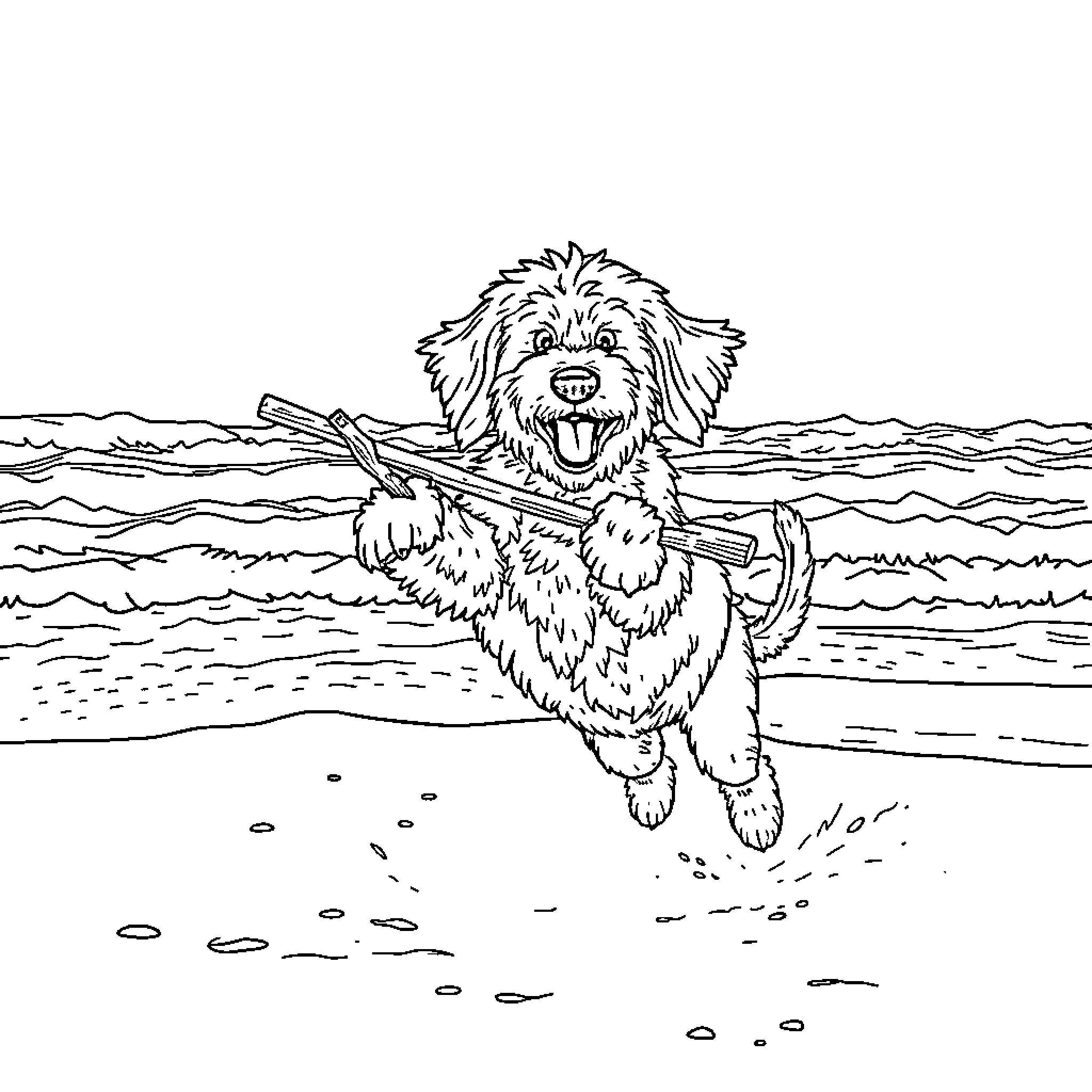 Labradoodle playing joyfully with stick in the water Coloring Page (free black-and-white line drawing printable PDF for all, from beginners to advanced learners, including children, teens, adults, and seniors)
