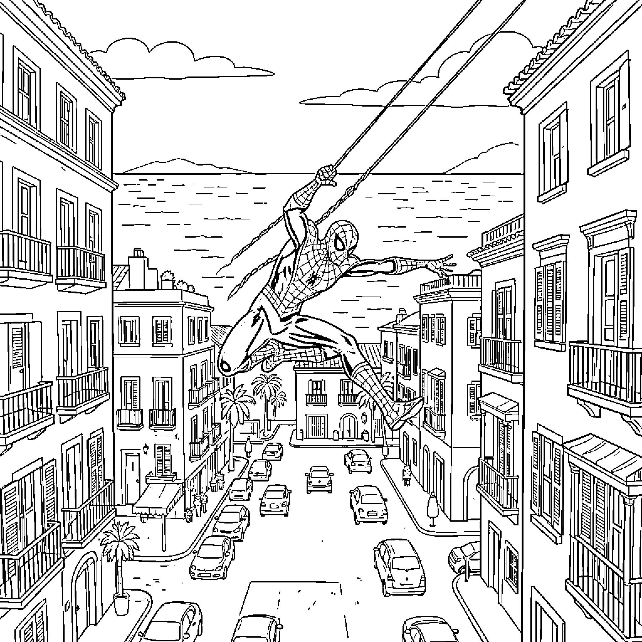 Spiderman swinging through a coastal city street Coloring Page (free black-and-white line drawing printable PDF for all, from beginners to advanced learners, including children, teens, adults, and seniors)