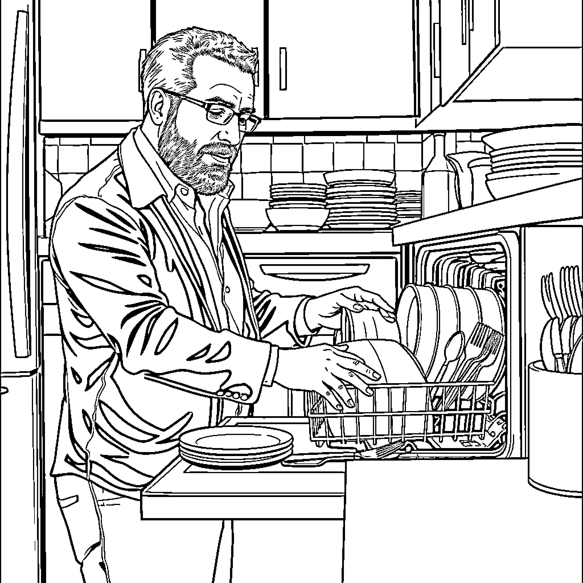Serj Tankian in the kitchen doing the dishes Coloring Page (free black-and-white line drawing printable PDF for all, from beginners to advanced learners, including children, teens, adults, and seniors)